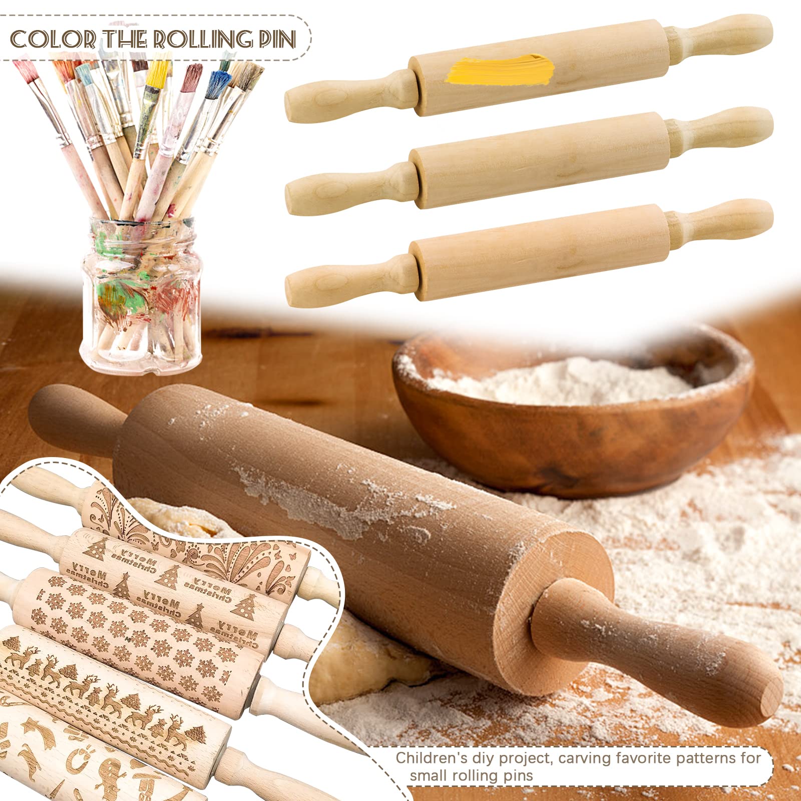BILLIOTEAM 6 Pack 8 Inch Mini Wooden Rolling Pins for Kids - Perfect for Baking, Cookie Dough, Arts & Crafts, Clay & Play Doh - Ideal for Children's Cooking Activities & DIY Projects
