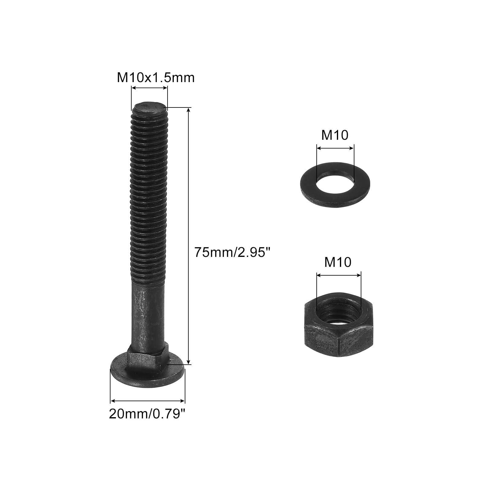 uxcell 25-Piece M10 x 70mm Carriage Bolt Kit - Carbon Steel Black Oxide Round Head Square Neck Screws with Washers & Nuts - Heavy Duty Fasteners for Furniture, Decking, and Construction Projects
