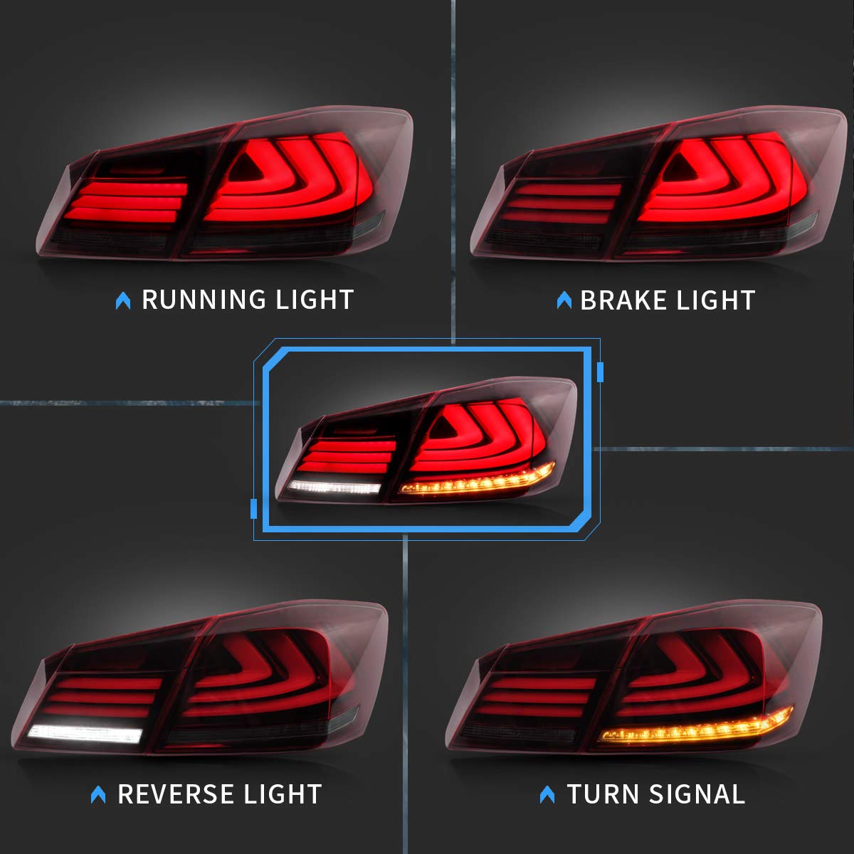VLAND LED Tail Lights for Honda Accord 2013 2014 2015 - Red Smoke Lens - High Visibility & Style Upgrade - Perfect for Night Driving & Car Customization
