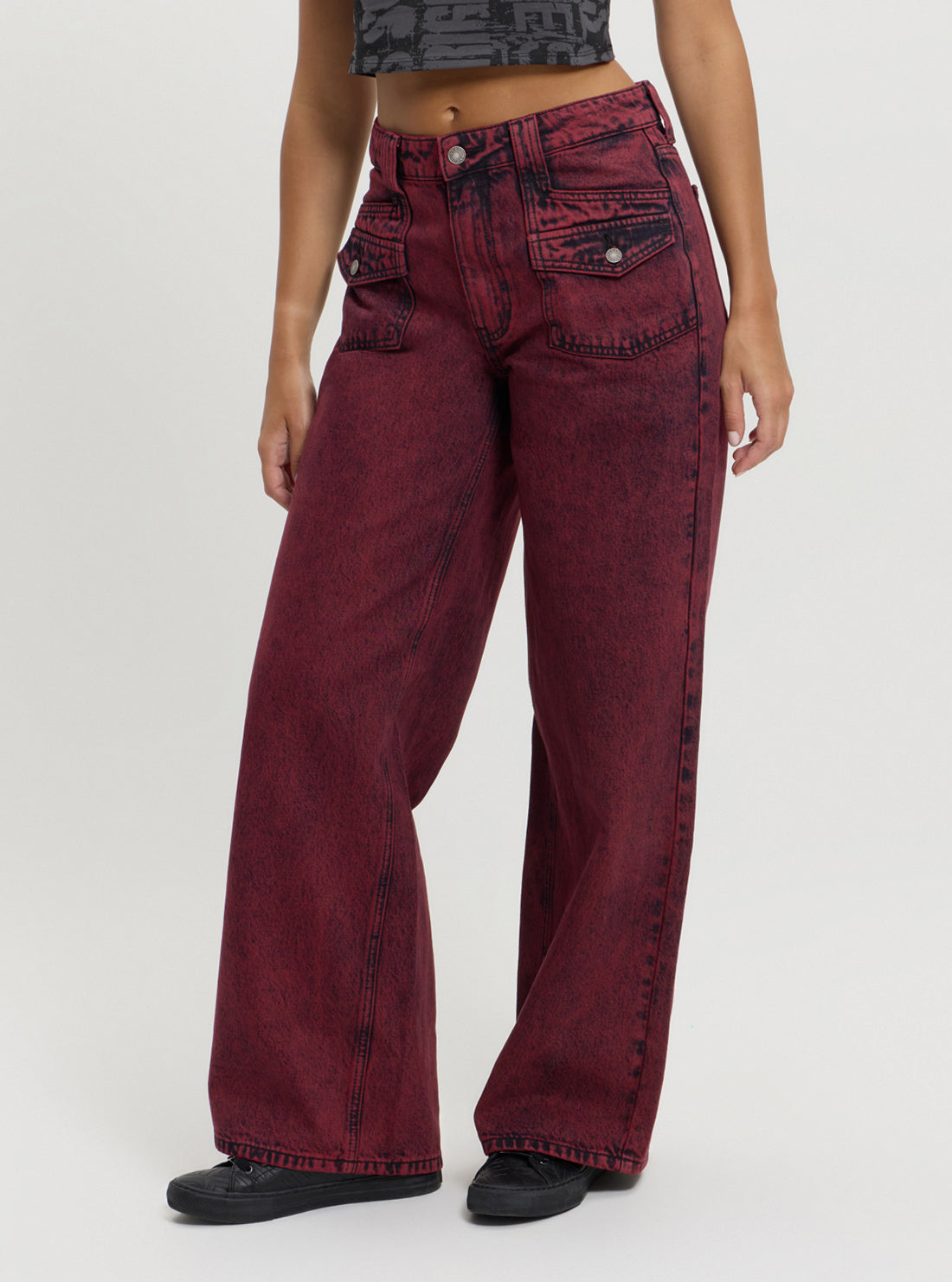 Guess Originals Red Patch Wide Leg Pants for Women - High Waist Comfortable Loose Fit Casual Trousers | Perfect for Streetwear, Travel & Everyday Fashion
