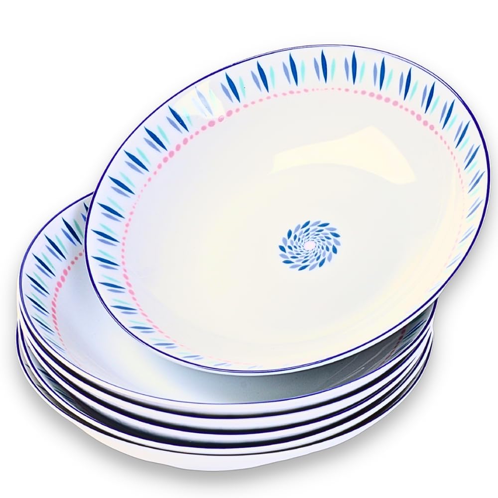 Braque 26oz Ceramic Pasta Bowls Set of 6 - 8.5 Inch Microwave, Oven & Dishwasher Safe Dinner Plates - Scratch Resistant Porcelain Dishes with No-Spill Design - Blue Sunflower Pattern - Perfect for Pasta, Salad, Soup & Family Dinners