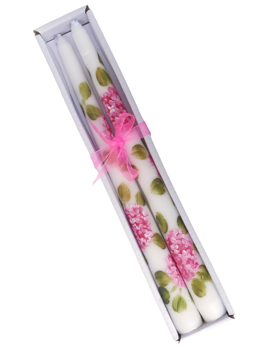 Hand Painted Pink Hydrangea Flower Taper Candles - Dripless Romantic Spring Decorations for Wedding, Dining Table, Bathroom & Home Decor - Shabby Chic Floral Accents