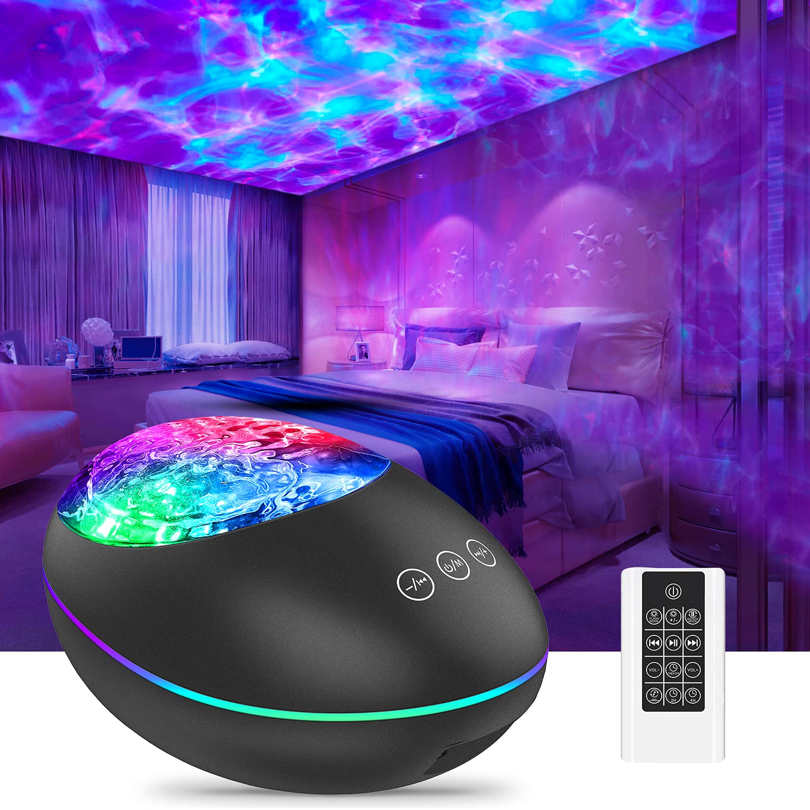 LOBKIN Ocean Wave Night Light Projector with Bluetooth Music & White Noise - Rotating LED Star Sky Projector for Kids Nursery, Baby Room, Living Room Decor - Perfect for Sleep Aid, Relaxation & Nighttime Ambiance
