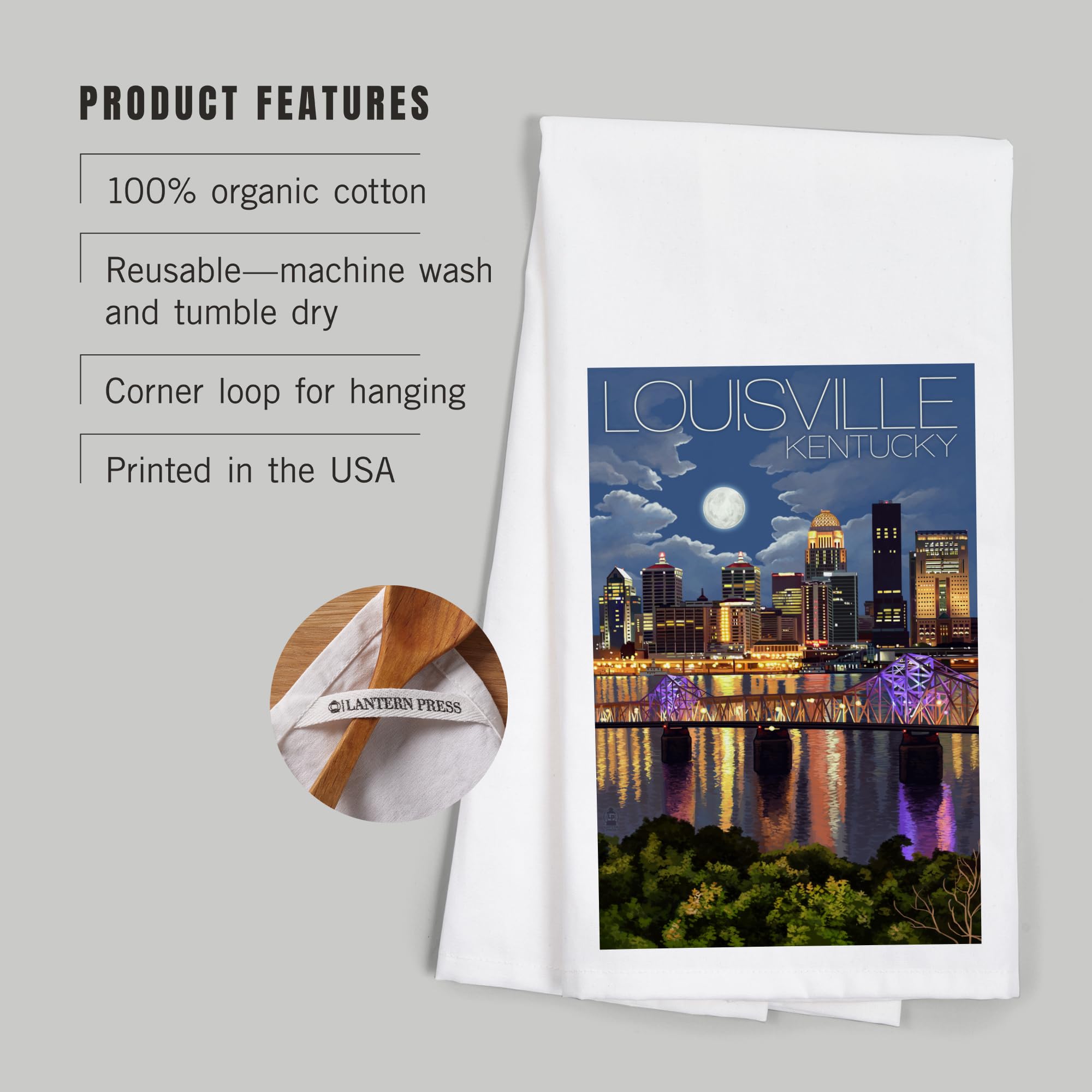 Lantern Press Louisville Kentucky Skyline at Night - 100% Cotton Tea Towel, Decorative Hand Towel for Kitchen & Home Decor - Perfect for Gifts, Dish Drying & Wall Art Display