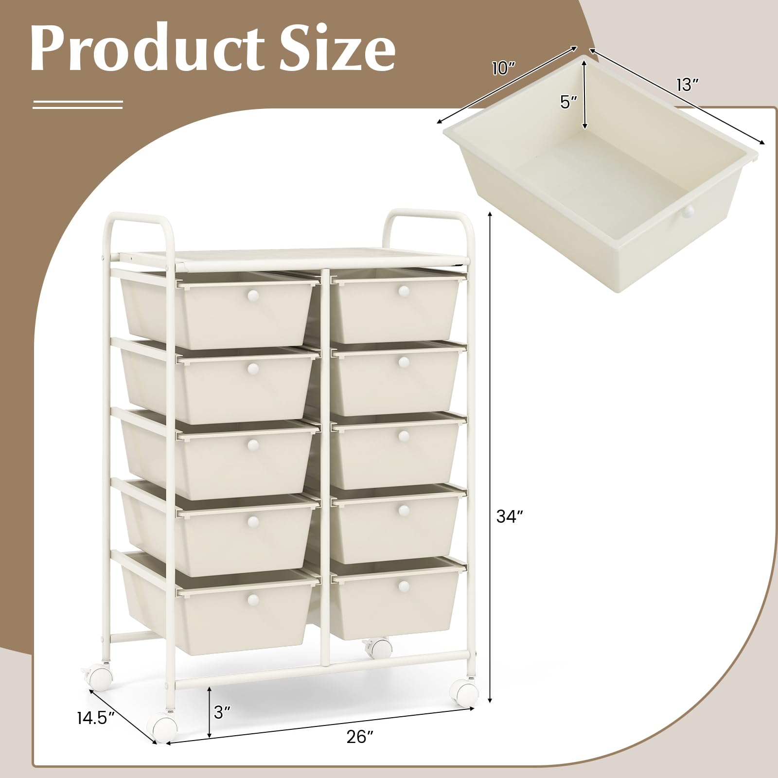 GOFLAME 10-Drawer Rolling Storage Cart with Wheels - Multipurpose Mobile Organizer for Art Supplies, Crafts, School, Office & Home Use - Ivory Utility Cart for Easy Storage & Organization