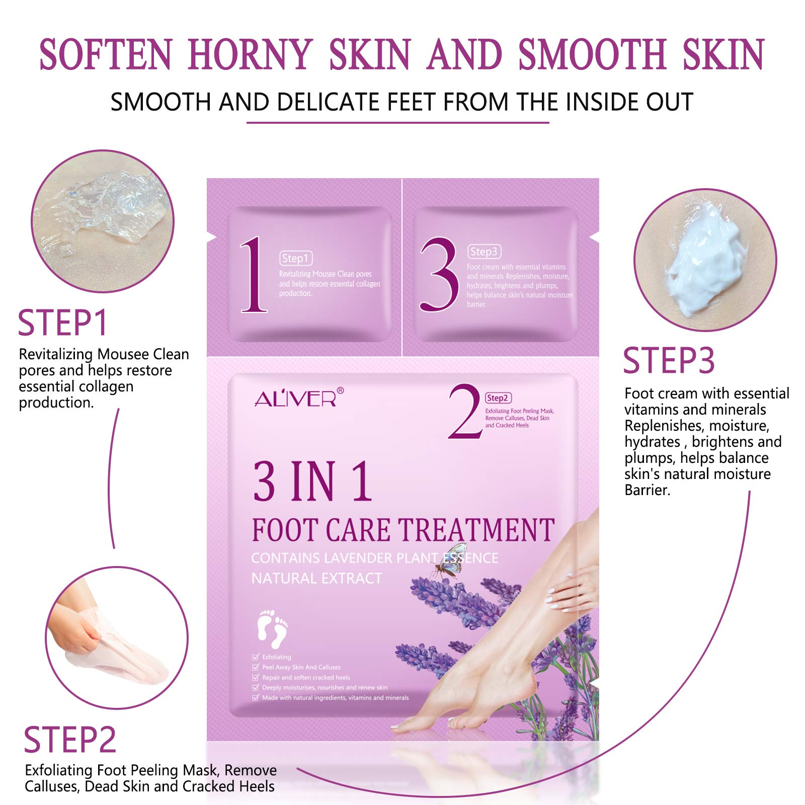 3-Pack Foot Peel Mask & Care Kit - Lavender Exfoliating Peel Off Mask, Cleansing Mousse & Moisturizing Cream for Dead Skin & Callus Removal - Perfect for At-Home Pedicures & Foot Spa Treatments (Men & Women)