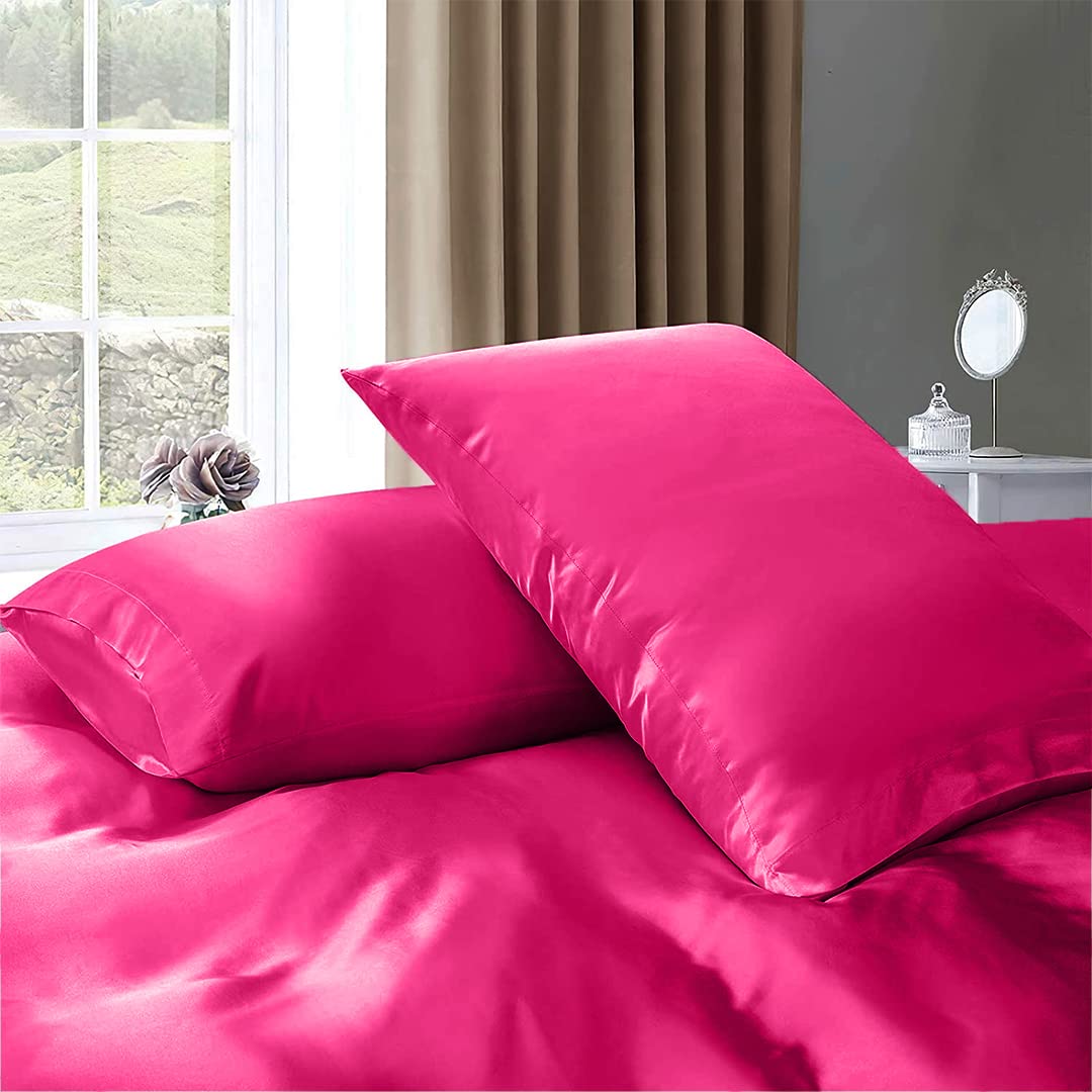 Luxury 7-Piece Full XL Silk Satin Sheet Set - Breathable Cooling Bedding with Deep Pockets - Wrinkle-Free Hotel Quality Duvet Cover & Pillowcases - Hot Pink - Perfect for Master Bedroom, Guest Room & Spa Retreats