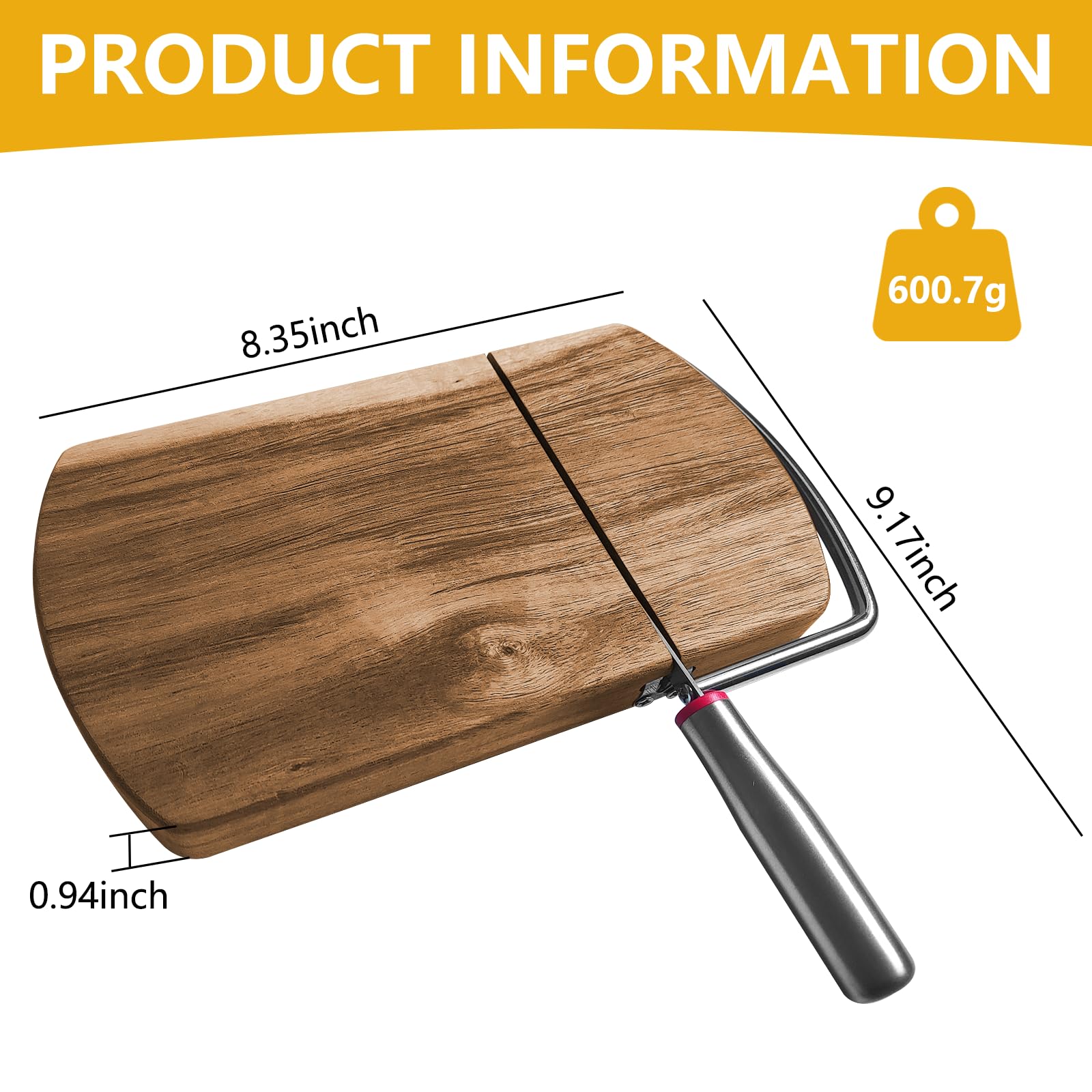 Premium Acacia Wood Cheese Slicer with Stainless Steel Blade - Perfect Cheese Cutter for Block Cheese, Butter & Deli Meats - Effortless Cutting Tool for Charcuterie Boards, Cheese Platters & Kitchen Prep