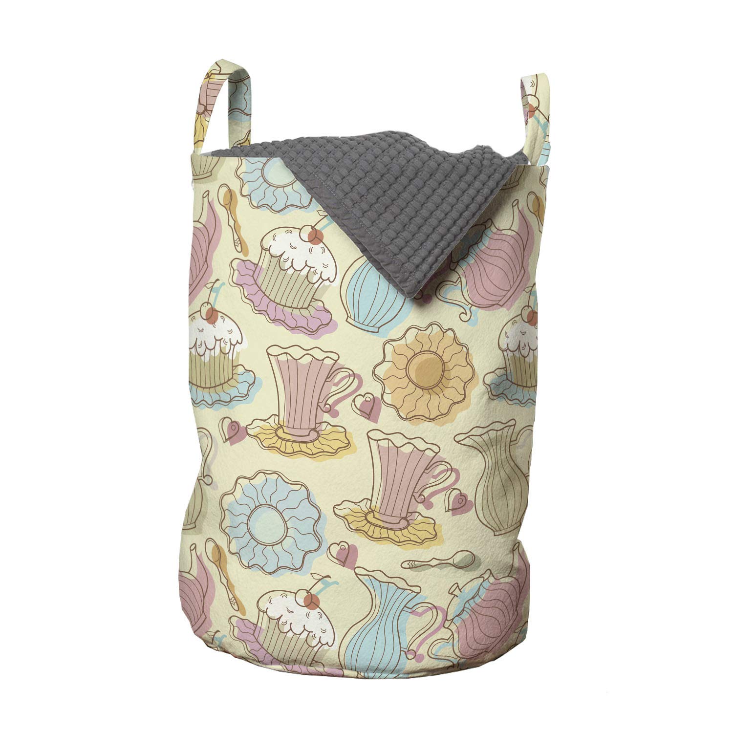 Ambesonne Tea Party Laundry Bag - Hand Drawn Traditional Cake with Frosting & Dishes on Heart Pattern, 13x19 Inch Drawstring Hamper with Handles for Laundry Room, Dorm, Travel | Multicolor Cotton Storage Organizer for Clothes, Toys & Linens