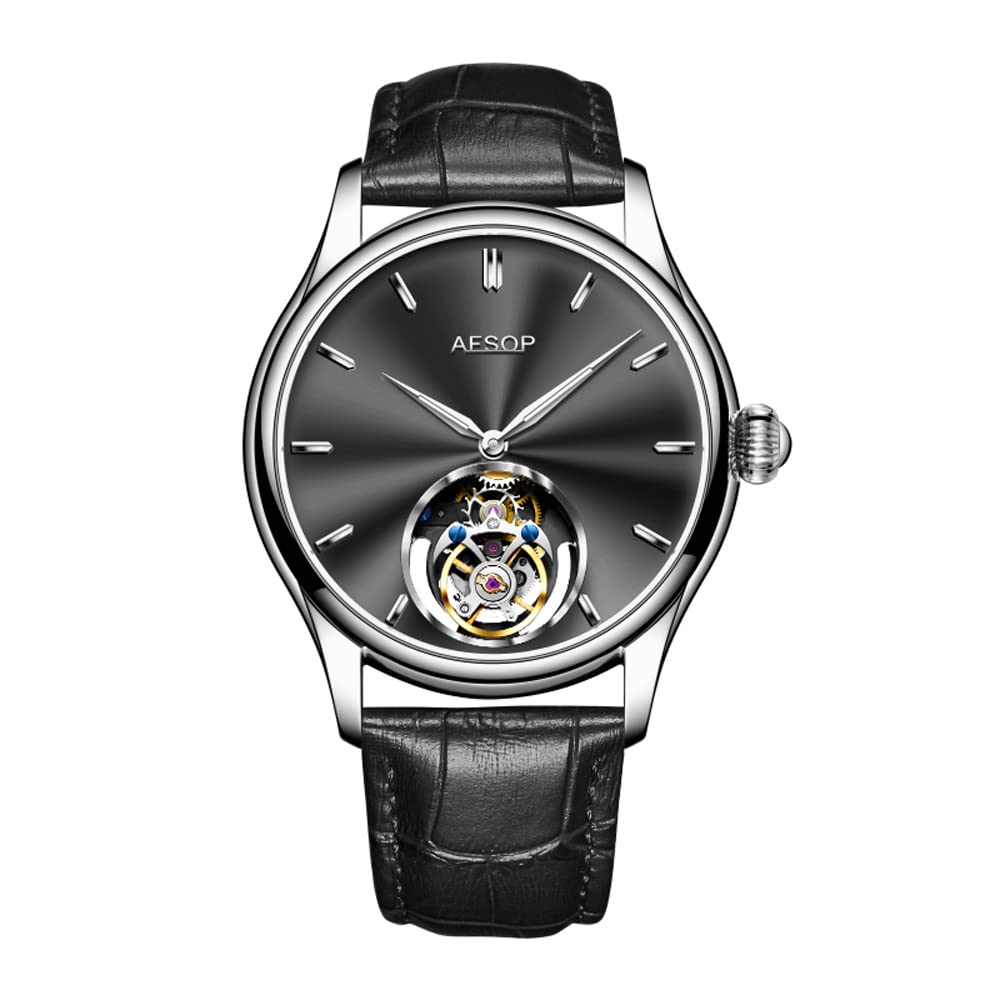 Luxury Men's Mechanical Hand-Wind Skeleton Watch - AESOP Tourbillon Stainless Steel Dress Watch with Sapphire Crystal, Waterproof Business Timepiece - Perfect Gift for Men, Ideal for Formal Events & Professional Occasions
