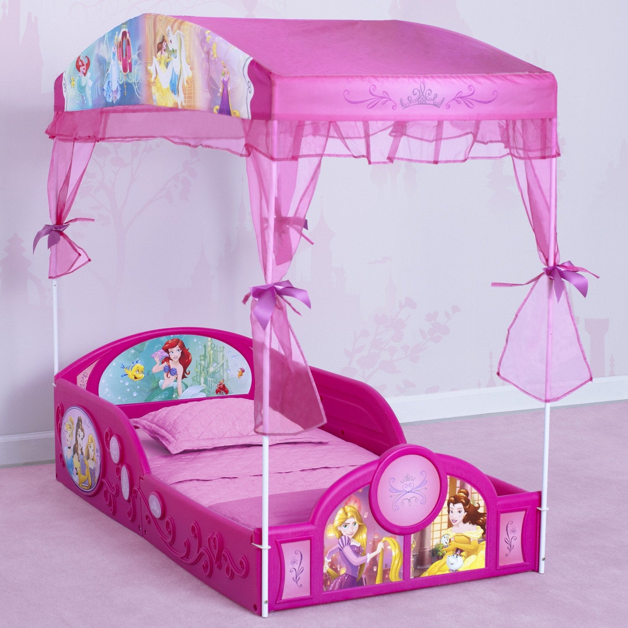 Disney Princess Plastic Toddler Bed with Canopy - Pink Kids Sleeping Bed for Girls Room Decor | Delta Children Sleep and Play Bed for Nursery, Bedroom & Playroom