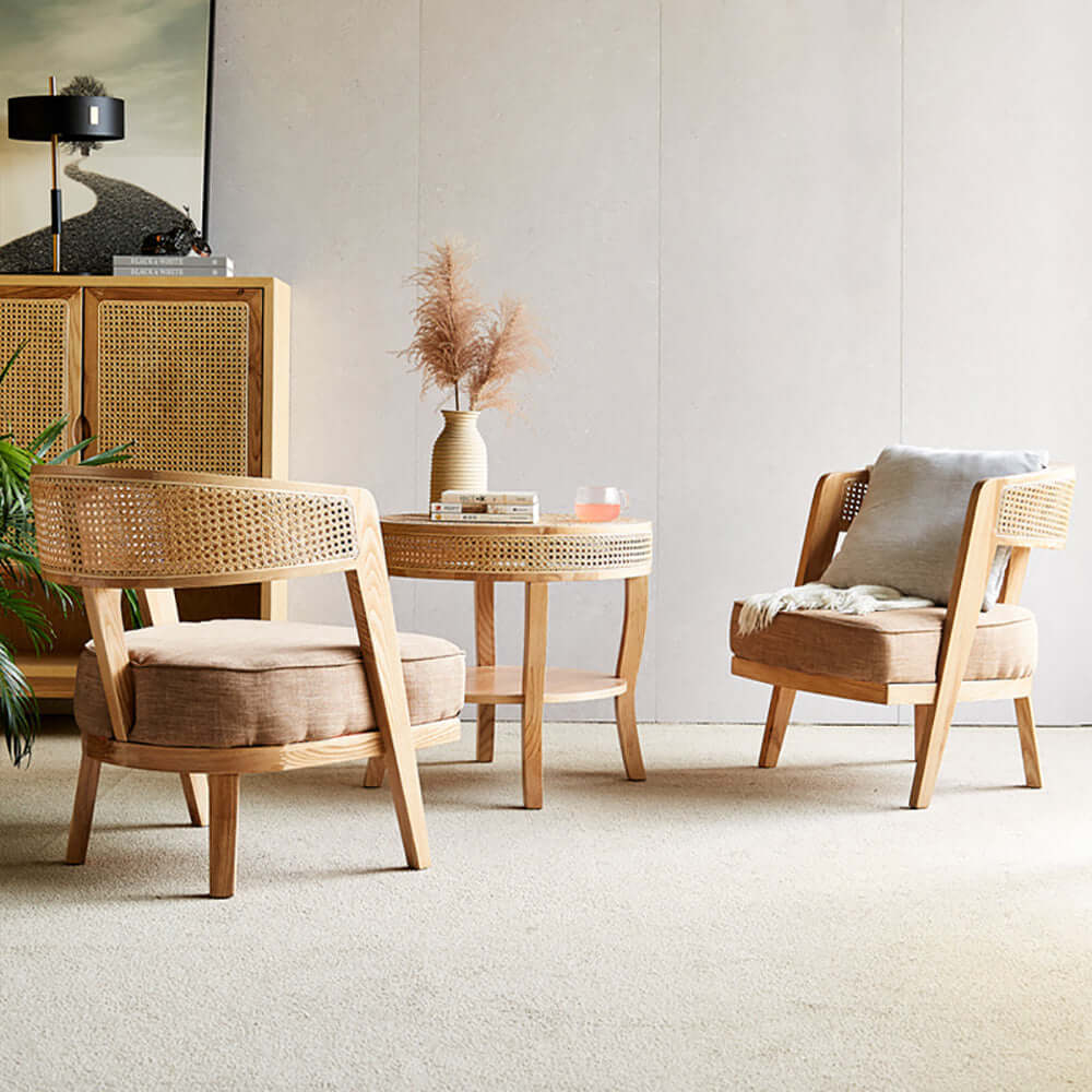 Modern Ash & Rattan Accent Chair with Cotton & Linen Upholstery - Stylish Living Room Furniture for Home Decor & Relaxation