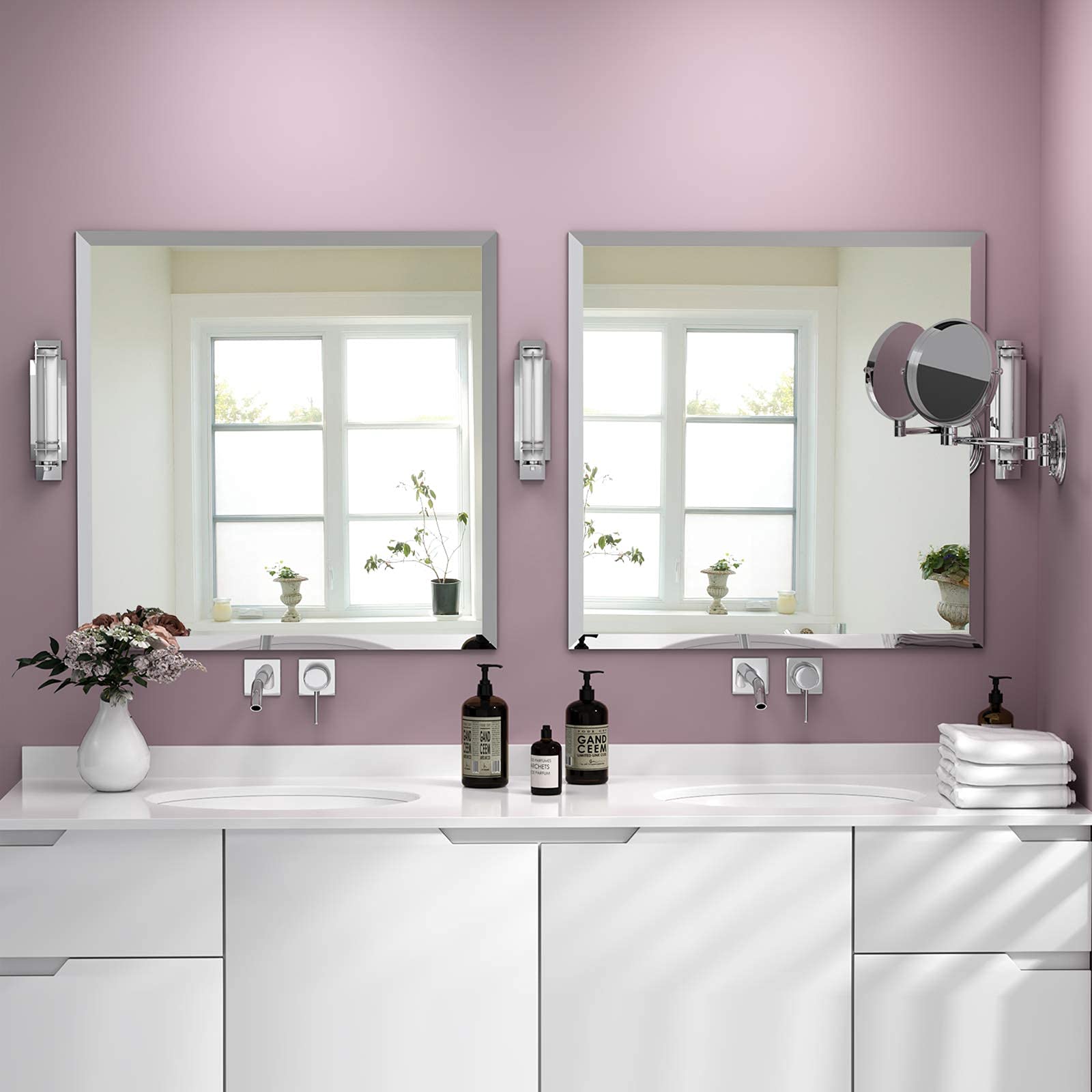 KOHROS 24x24 Inch Frameless Square Vanity Mirror - Anti-Rust Tempered Glass Bathroom Wall Mirror with Pencil Polished Edge, Horizontal or Vertical Mounting - Perfect for Makeup, Shaving & Home Decor