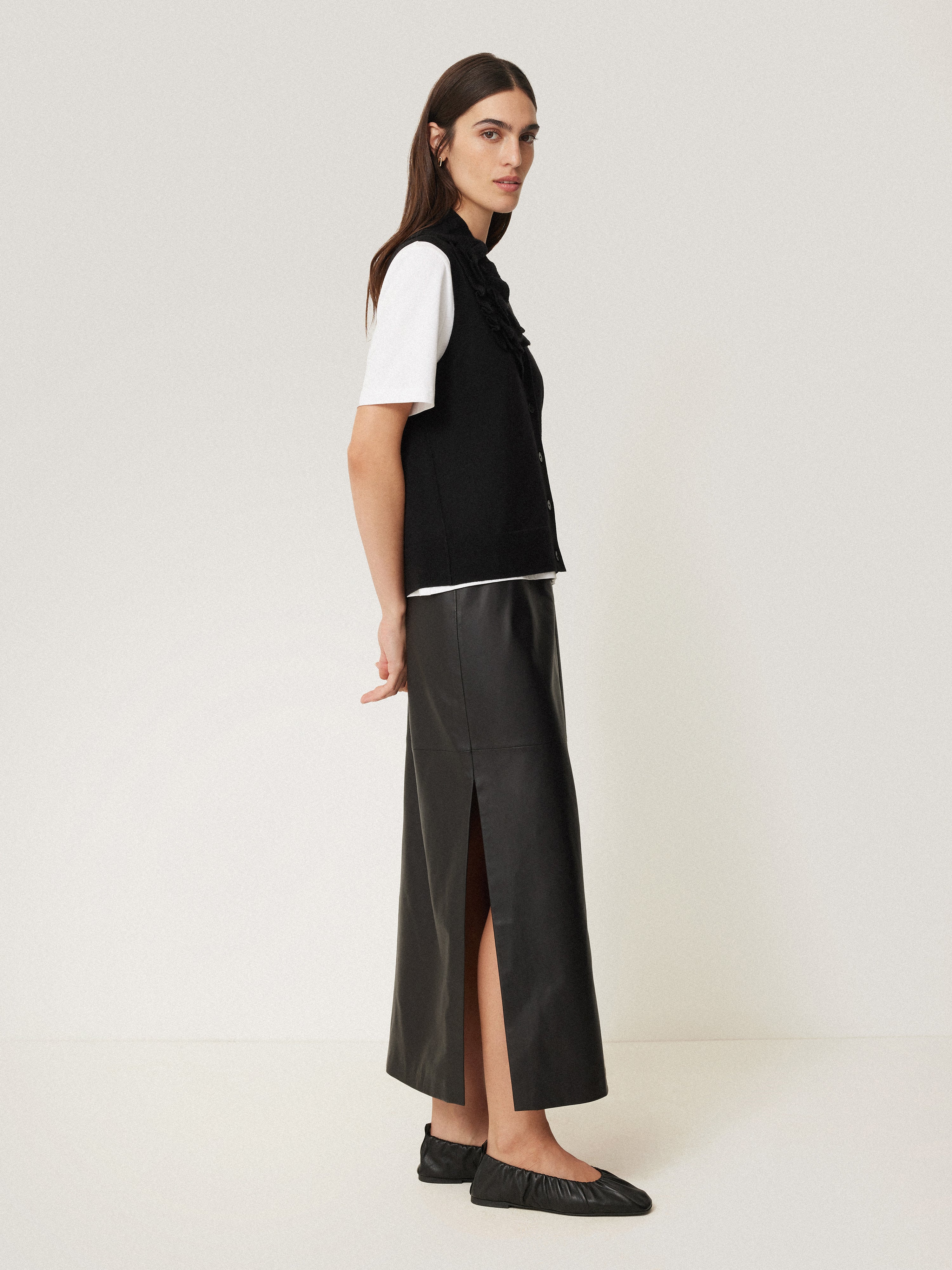 Premium Merino Wool Ruffle Waistcoat for Women - Elegant Black Vest for Office, Party & Formal Occasions