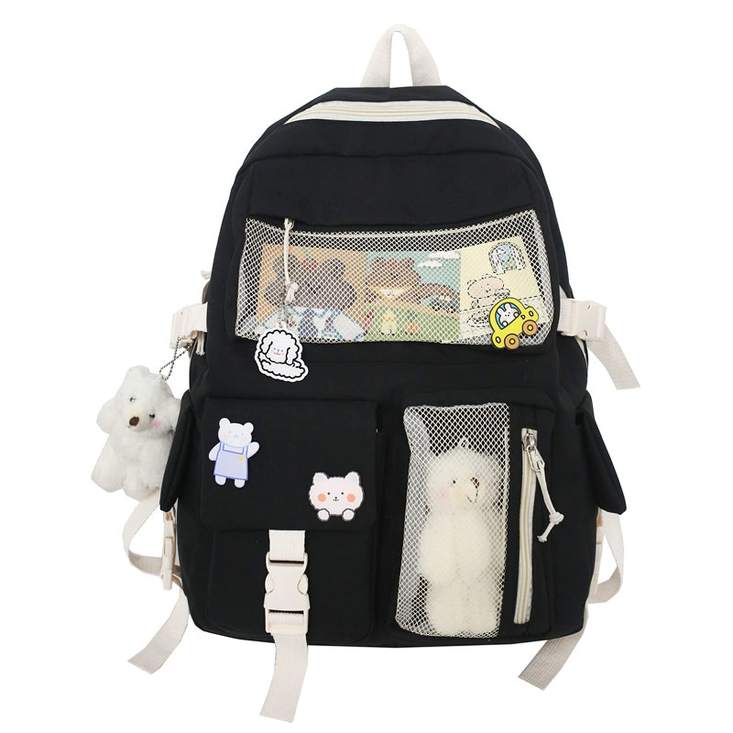 Kawaii Cute Aesthetic Backpack for School Girls with Kawaii Pin Accessories - Black One Size | Perfect for School, College, Travel & Anime Cosplay