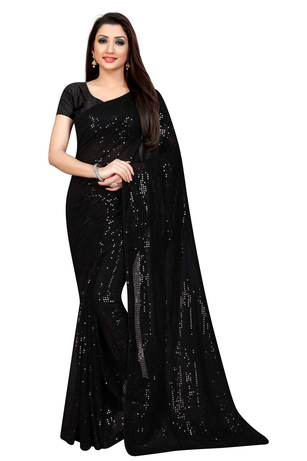 Kfgroup Women's Woven Pure Georgette Saree - Elegant Ethnic Dress & Wedding Sari with Blouse Piece (Black) | Perfect for Indian Weddings, Festivals & Special Occasions