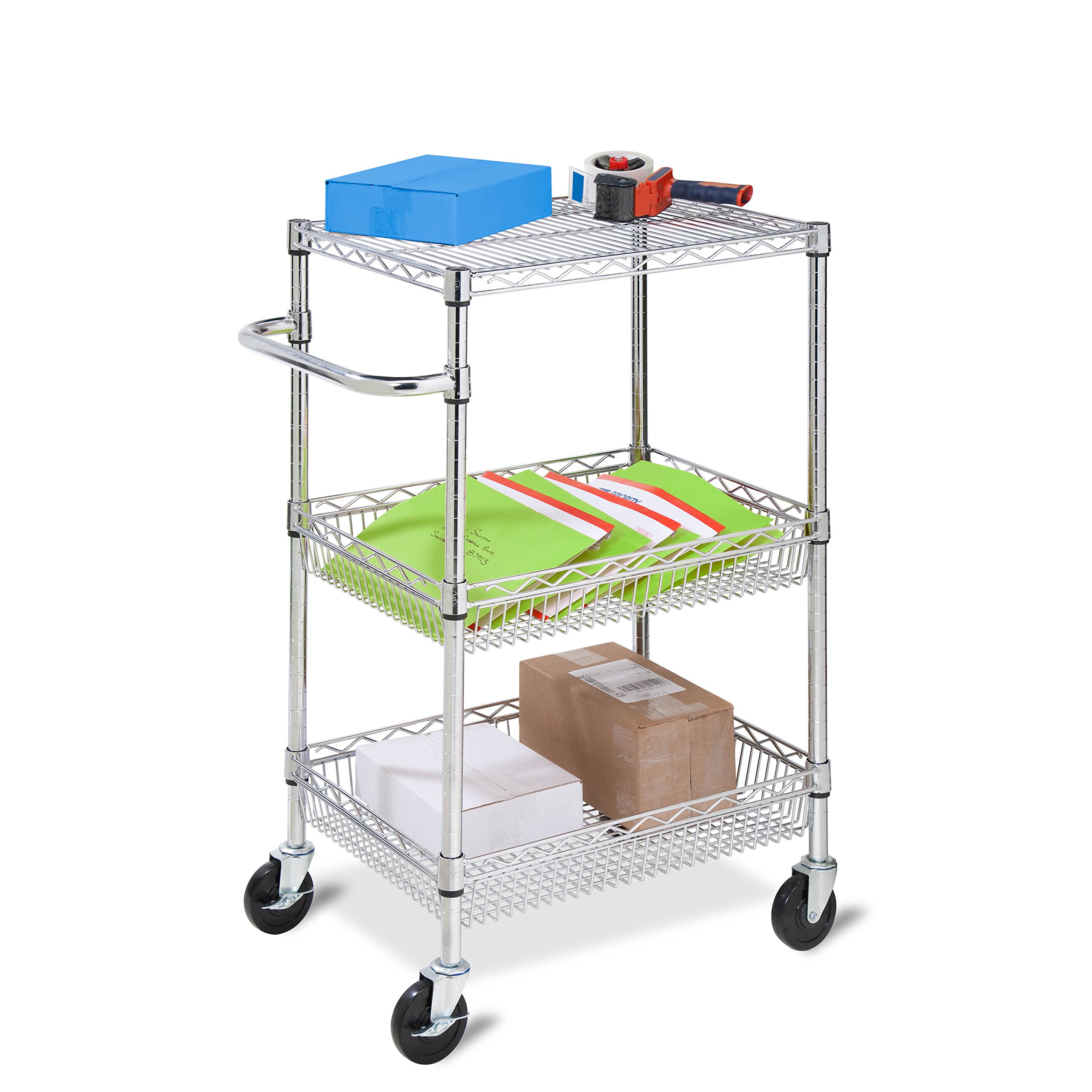 Honey-Can-Do 3-Tier Chrome Storage Cart with Wheels CRT-01451 - Rolling Utility Organizer for Kitchen, Bathroom, Office, or Garage Storage