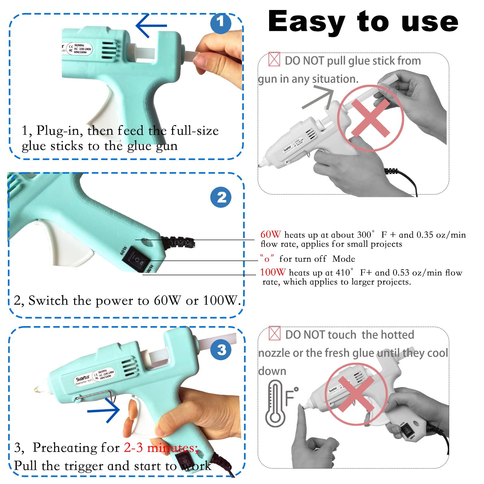 60W/100W Dual Power Full Size Hot Glue Gun Kit with 2 Nozzles & 15 Glue Sticks - Industrial Strength High Temp Glue Gun with 9.8ft Extra-Long Power Cord & Case - Perfect for DIY Crafts, Home Repairs, Woodworking & School Projects (Green)