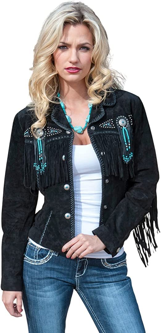 Western Genuine Leather Suede Jacket for Women - Native American Cowgirl Jacket with Beaded Boar & Fringe Tassels | Perfect for Rodeo, Country Music Festivals & Western Themed Parties