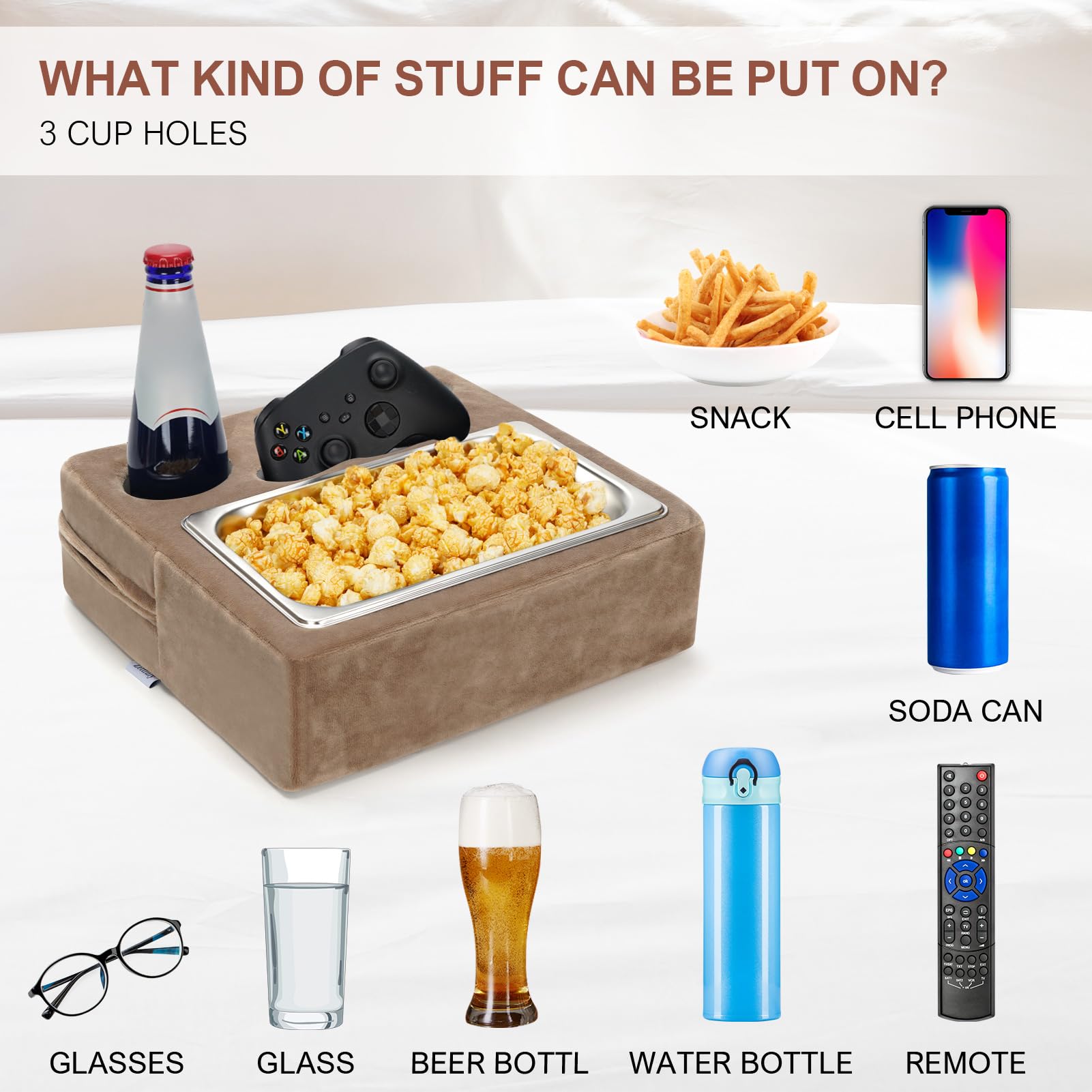 Multi-Functional Couch Cup Holder & Organizer - Sofa Caddy with Remotes Holder for Drinks, Snacks, Phone & Headphones - Perfect for Living Room, Bed, Car, RV, Beach & Travel (Light Brown) - Ideal for Movie Nights, Road Trips & Relaxation