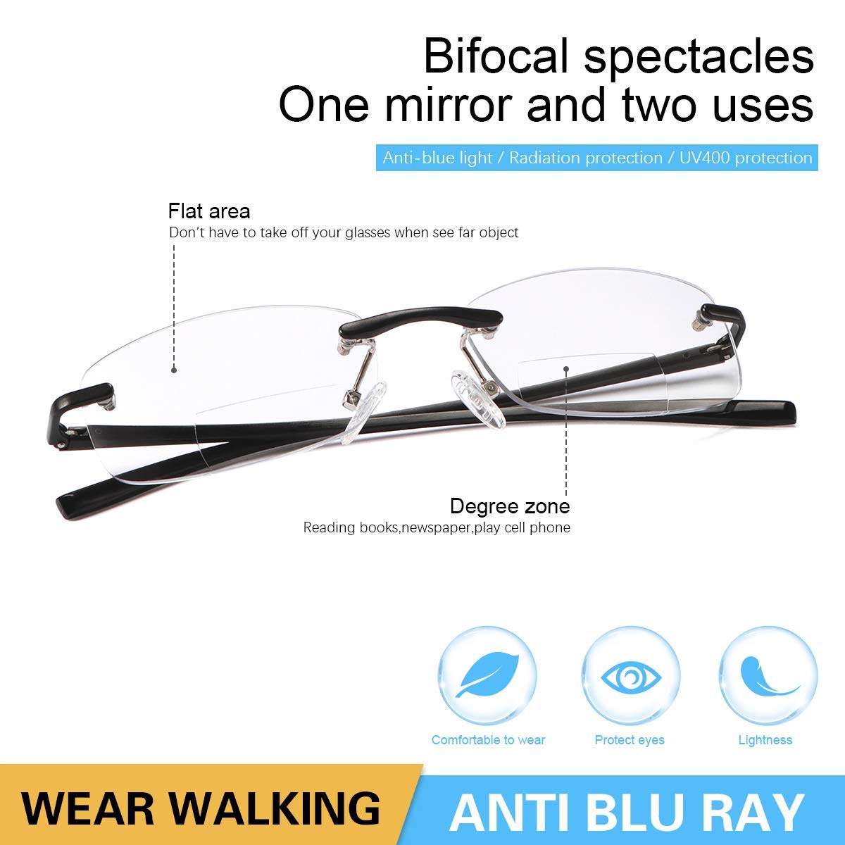2.5X Magnification Photochromic Progressive Multifocus Transition Reading Glasses - Rimless Bifocal Blue Light Blocking Spring Hinge Readers with Anti-Glare for Eye Strain Relief | Perfect for Outdoor Reading, Computer Work & Driving