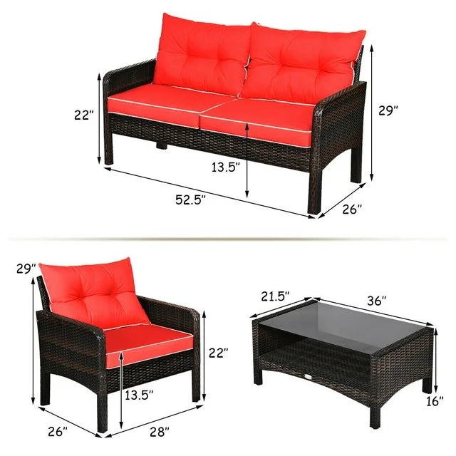 Costway 4-Piece Rattan Patio Furniture Set with Glass Coffee Table for Outdoor Garden, Backyard, Poolside & Balcony Use