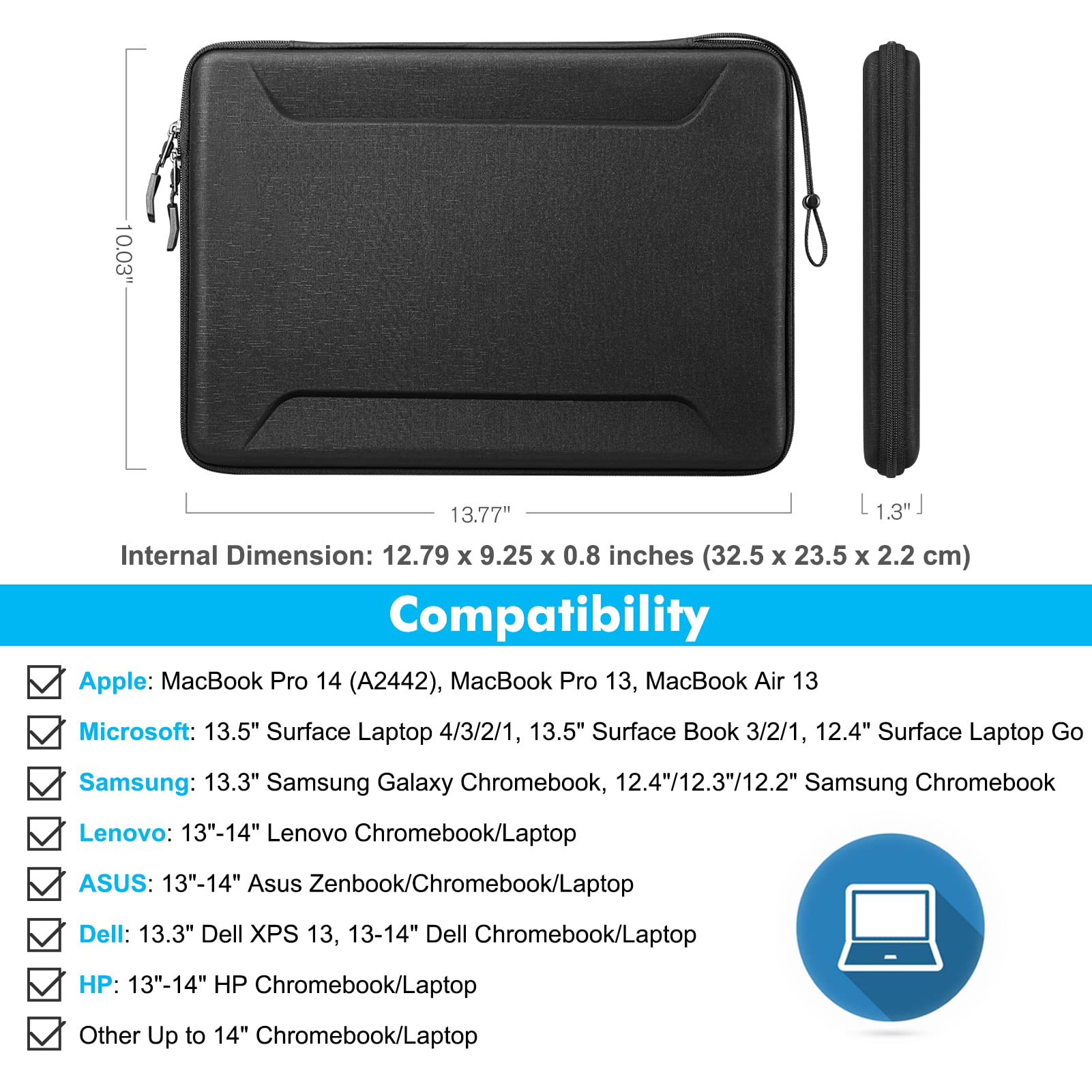 Fintie 13-14 Inch Shockproof EVA Laptop Sleeve Case for MacBook Pro 14, MacBook Air 13.6 (A2681, A3113, A3240), MacBook Pro/Air 13 & iPad 12.9-13 - Protective Carrying Bag in Black | Perfect for Travel, Office & School Use