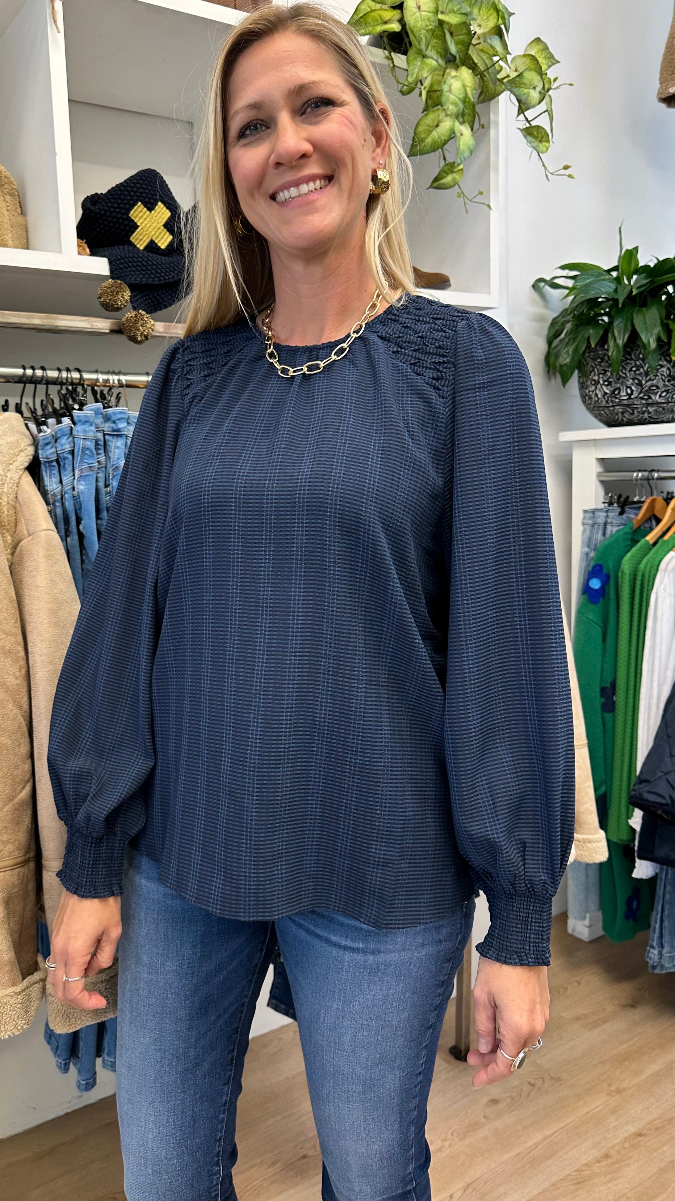Honeycomb Blouse for Women - Navy Checkered Long Sleeve Shirt - Office Wear & Casual Outfits