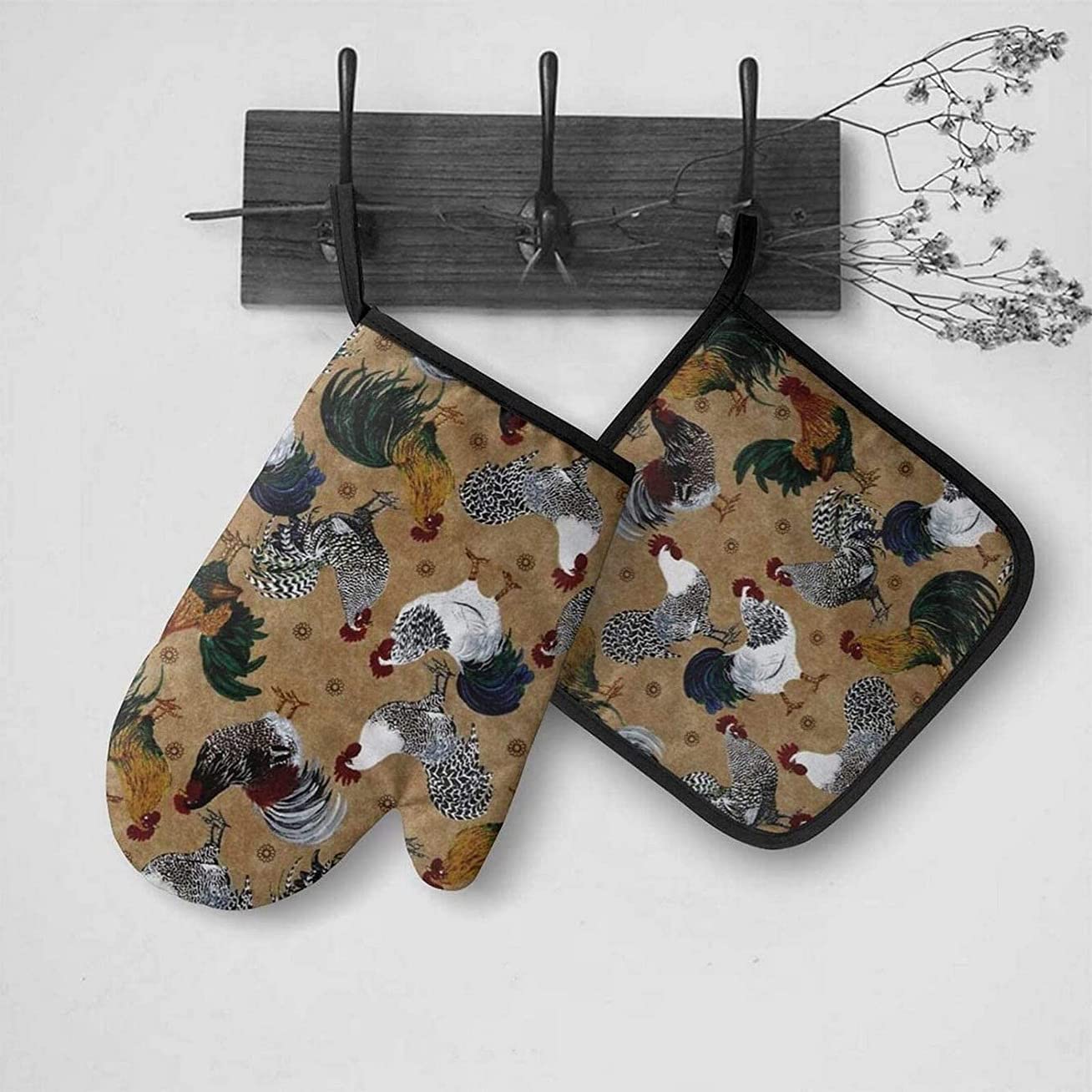 Rooster and Chicken Print Heat Resistant Oven Mitt and Pot Holder Set of 2 - Durable Kitchen Potholders for Baking, Grilling, and Cooking