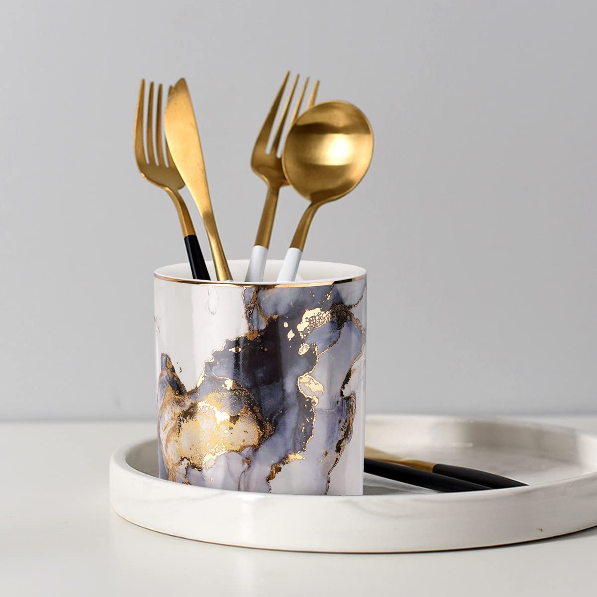 Waveyu Marble Ceramic Pencil Holder - Durable Desk Organizer for Office, Classroom & Home - Stylish Gray Gold Desktop Stationery Storage - Perfect for Pens, Markers & Office Supplies