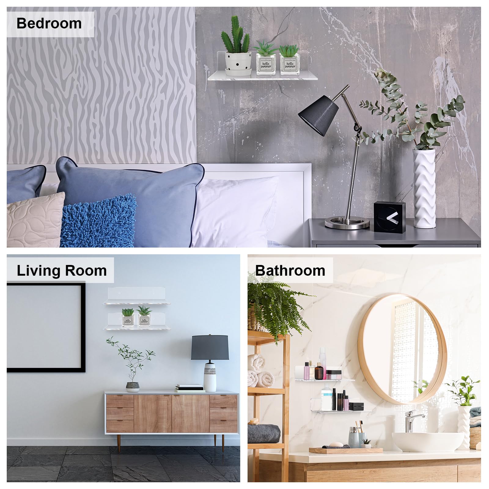 Vinsot 8 Pack 12 Inch Clear Acrylic Floating Shelves - 4mm Thick Invisible Wall Mounted Display Shelves for Books, Decor & Storage - Perfect for Bedroom, Living Room, Bathroom & Office Organization