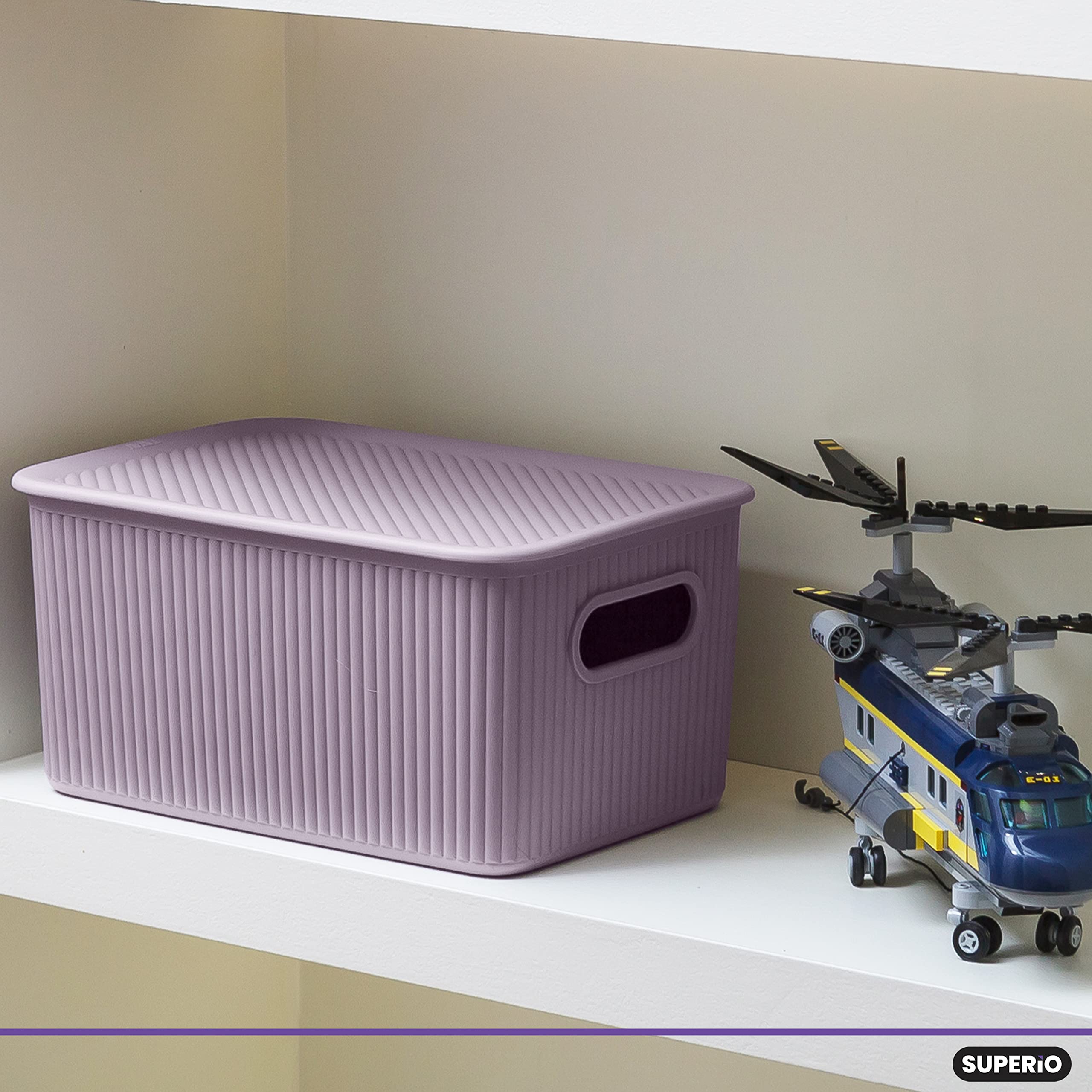 Superio Ribbed Collection - Decorative Plastic Lidded Storage Bins Organizer (2-Pack, 5L, Medium Lilac Purple) - Stackable Home Organization Baskets for Closet, Shelf, Drawer & Pantry Organization | Perfect for Bedroom, Bathroom & Office Storage Solutions