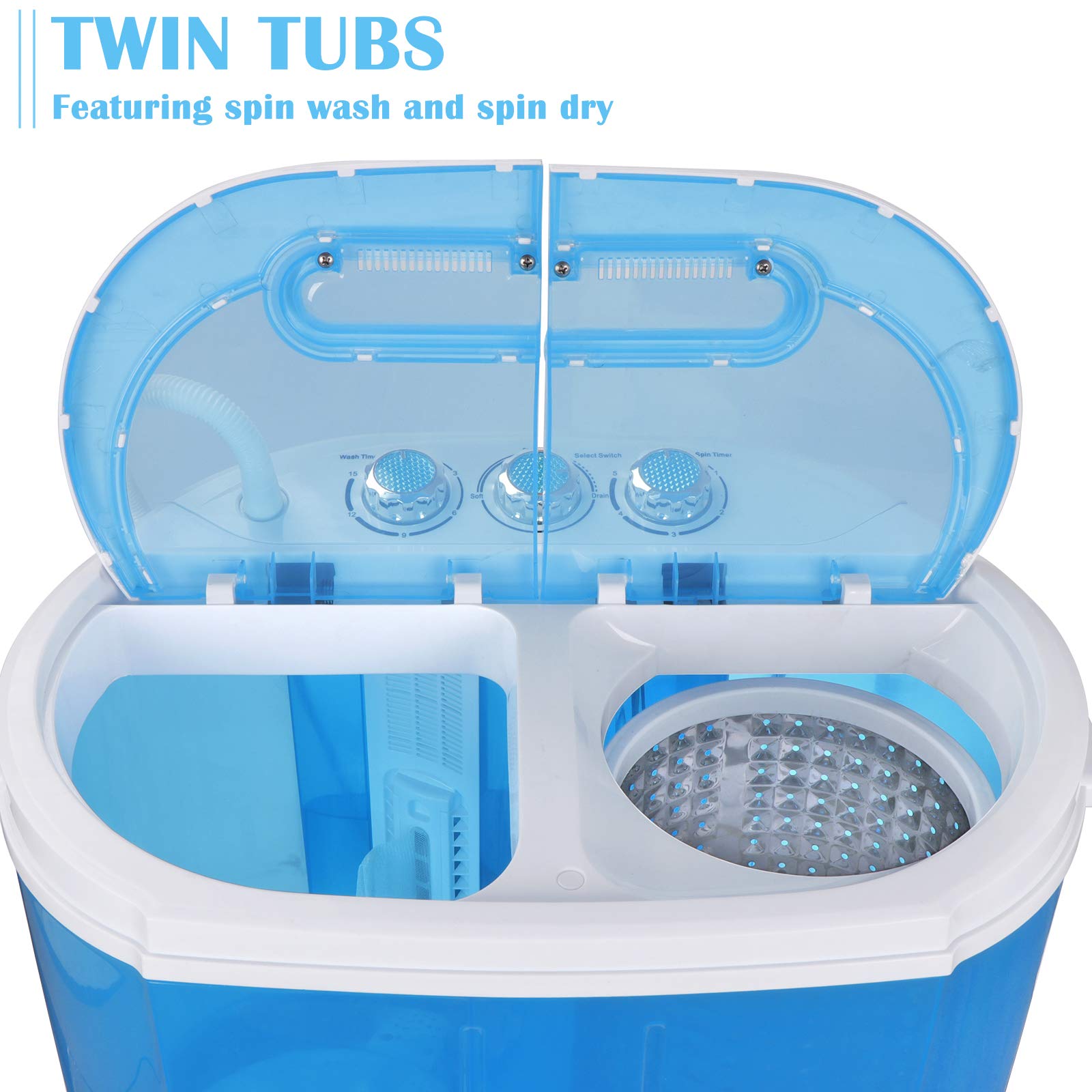 Portable Mini Twin Tub Washing Machine with Spin Dryer & Drain Pipe - Compact Laundry Washer for Small Spaces, Apartments, Dorms, RVs, Camping - Perfect for Travel, Emergency Use & Off-Grid Living (Blue)