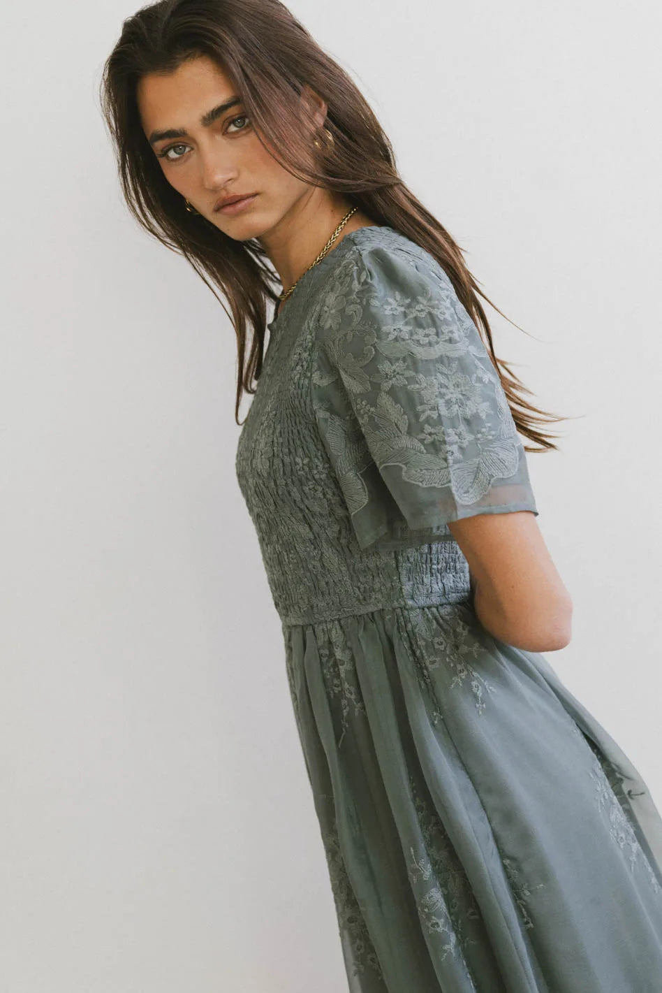 Alora Embroidered Floral Summer Dress for Women - Teal Blue Boho Maxi Dress with V-Neck & Side Slits | Perfect for Beach Vacations, Weddings & Date Nights
