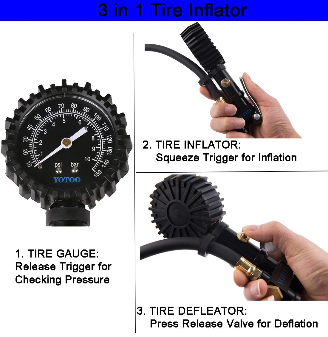 YOTOO Recoil Air Hose Kit with Tire Inflator Gauge - 1/4