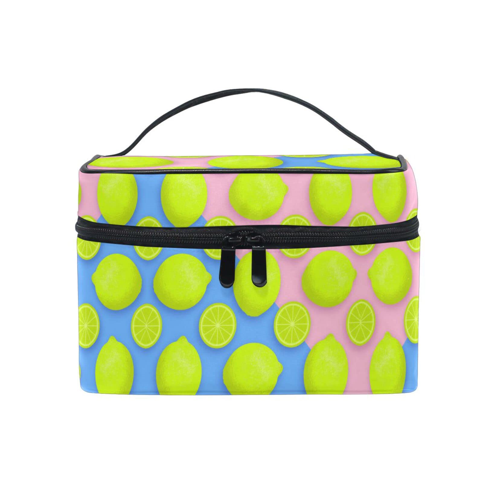 Stylish Red & Blue Lemon Print Cosmetic Bag with Zipper - Waterproof Makeup Pouch & Toiletry Organizer for Women & Girls | Perfect for Travel, Gym, and Daily Essentials Storage
