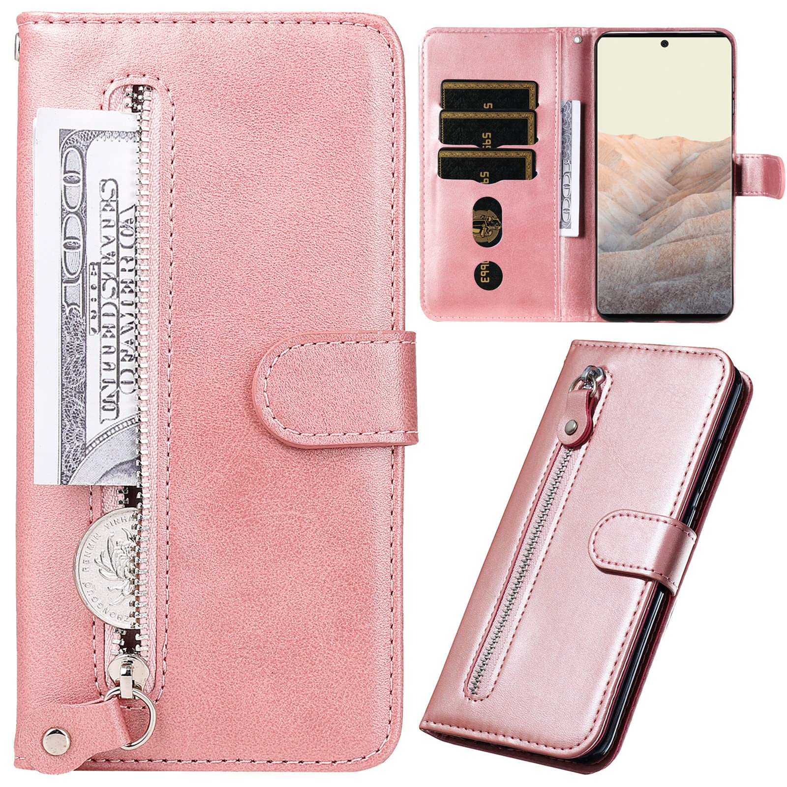 Premium PU Leather Zipper Wallet Case for Google Pixel 6 Pro - Rose Gold Flip Cover with Card Slots, Wrist Strap & Kickstand | Protective Phone Case for Daily Use, Travel & Business Meetings