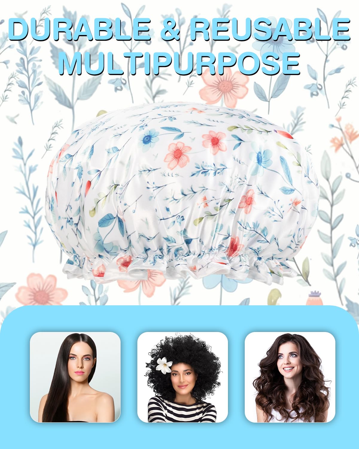 Waterproof Shower Cap for Women with Long Hair - Double Layer Reusable Bath Cap with Soft PEVA Lining | Non-Fading & Comfortable | Perfect for Swimming, Spa, Hair Care & Travel