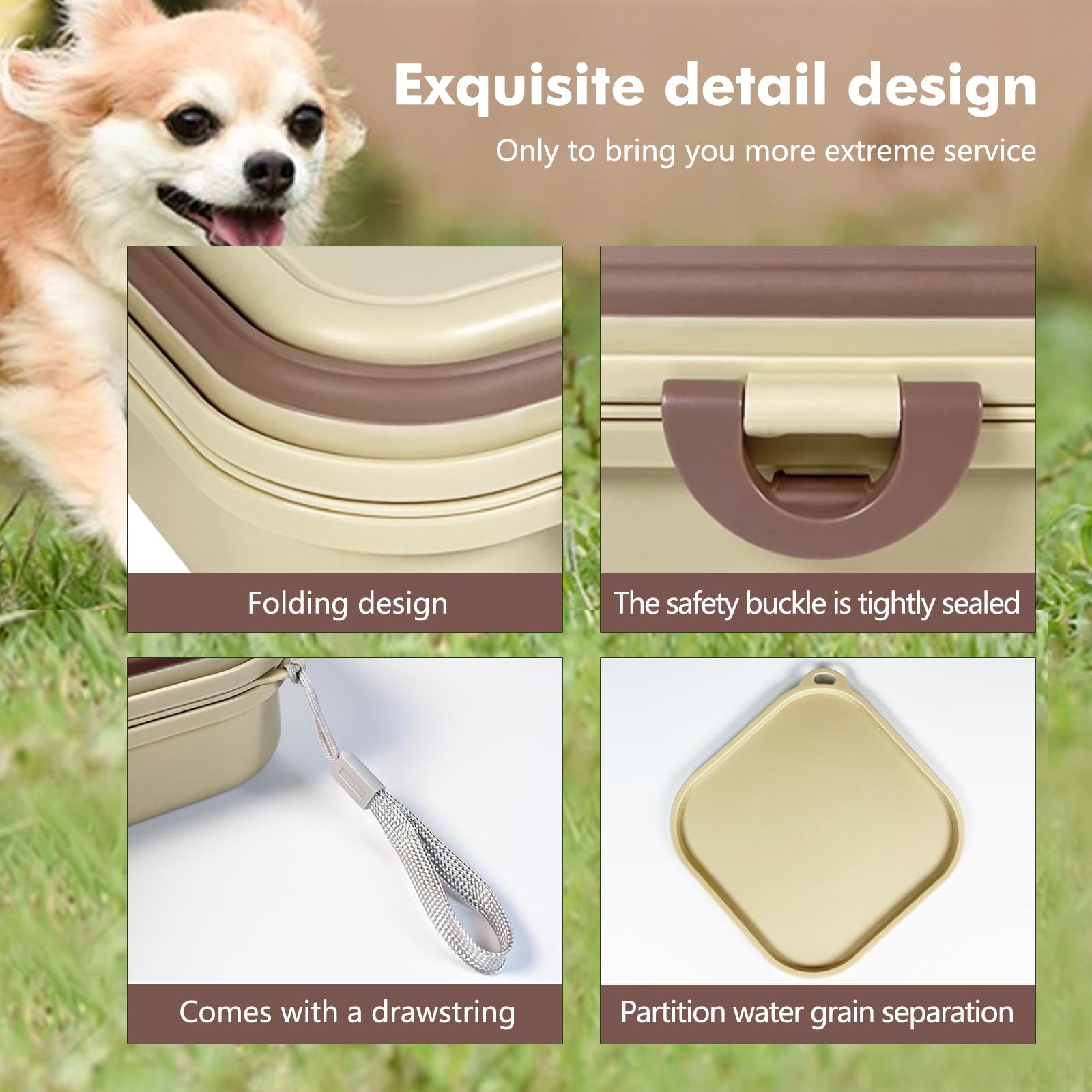 Portable Foldable Dog Bowls 2-in-1 - Travel Food & Water Bowl for Small Medium Dogs Cats - Collapsible Pet Feeding Dish with Storage - Perfect for Camping Hiking Outdoor Adventures (Khaki Small)