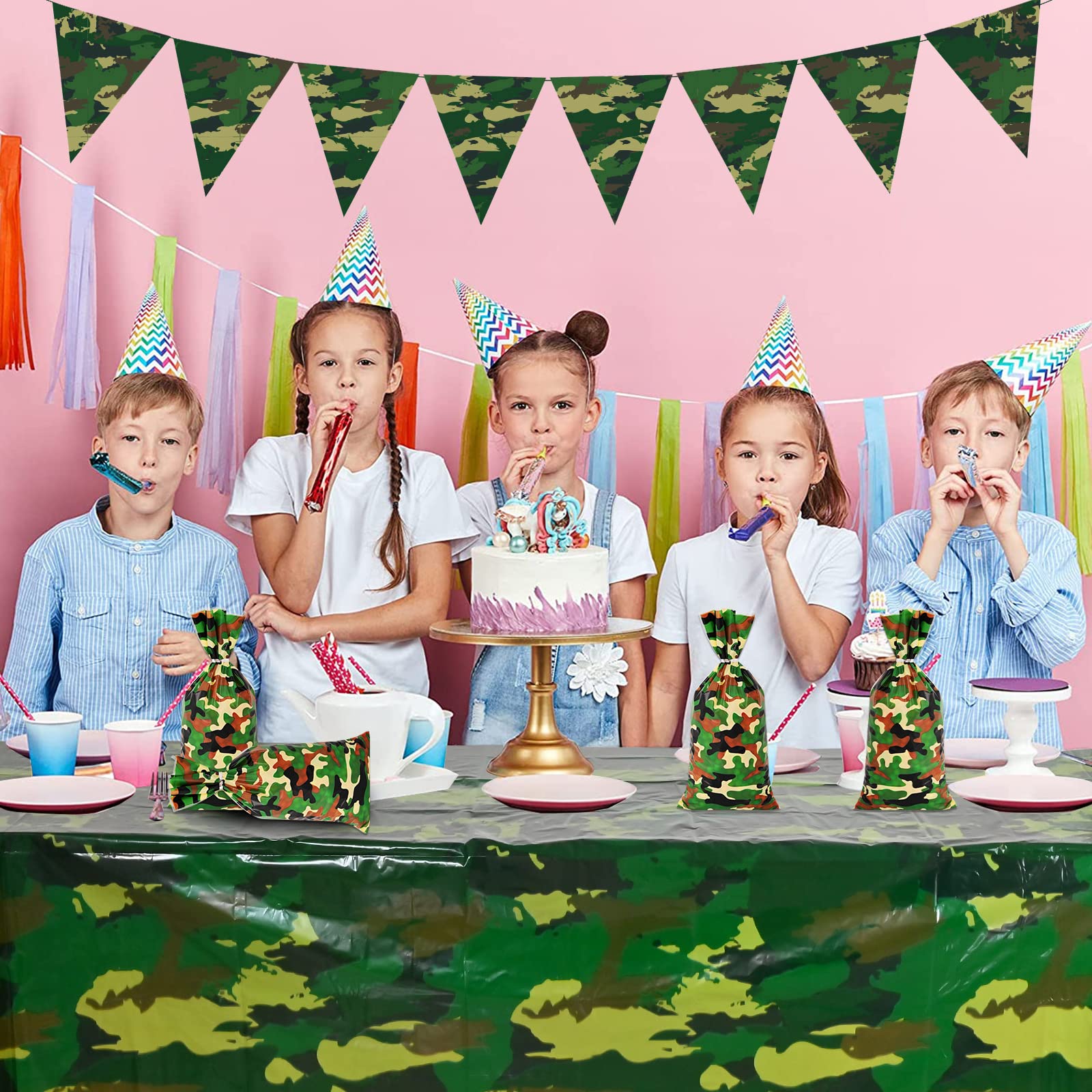 100 Pcs Camouflage Treat Bags - Camo Print Cellophane Candy Bags with Twist Ties for Army Themed Birthday Parties, Baby Showers & Halloween Favors | Perfect for Military Party Decorations, School Events & Outdoor Adventures