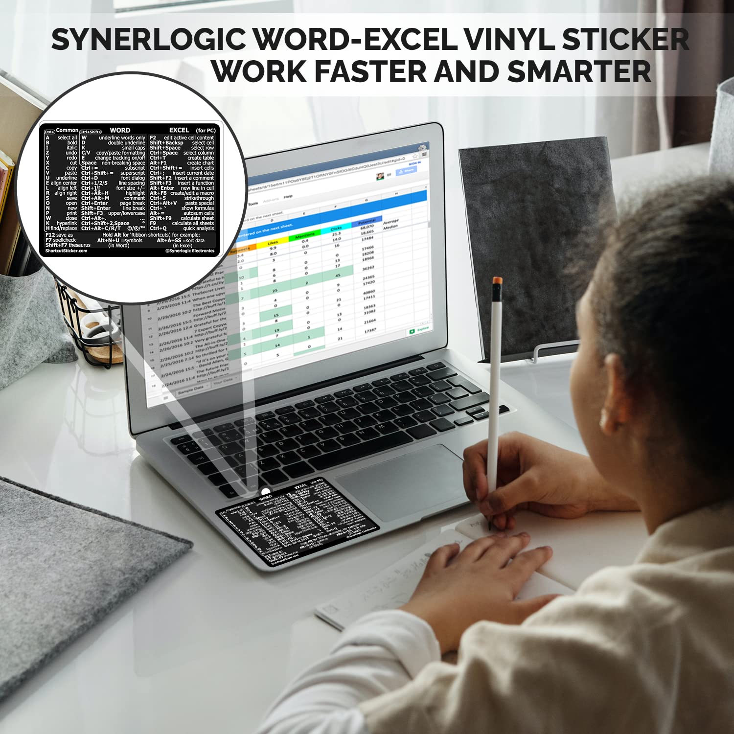 SYNERLOGIC Microsoft Word/Excel Windows键盘快捷键参考贴纸 - 无残留乙烯基材质，黑色小号，适合办公学习高效操作