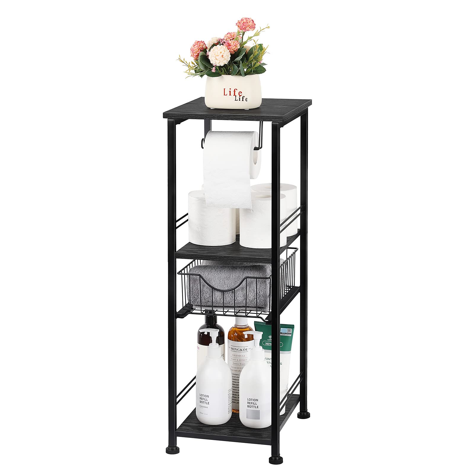 OYEAL Black Narrow Bathroom Storage Cabinet with Drawer - Toilet Paper Organizer, Towel Shelf for Small Spaces - Perfect for Bathroom, Laundry Room & Kitchen Pantry Organization (Black)