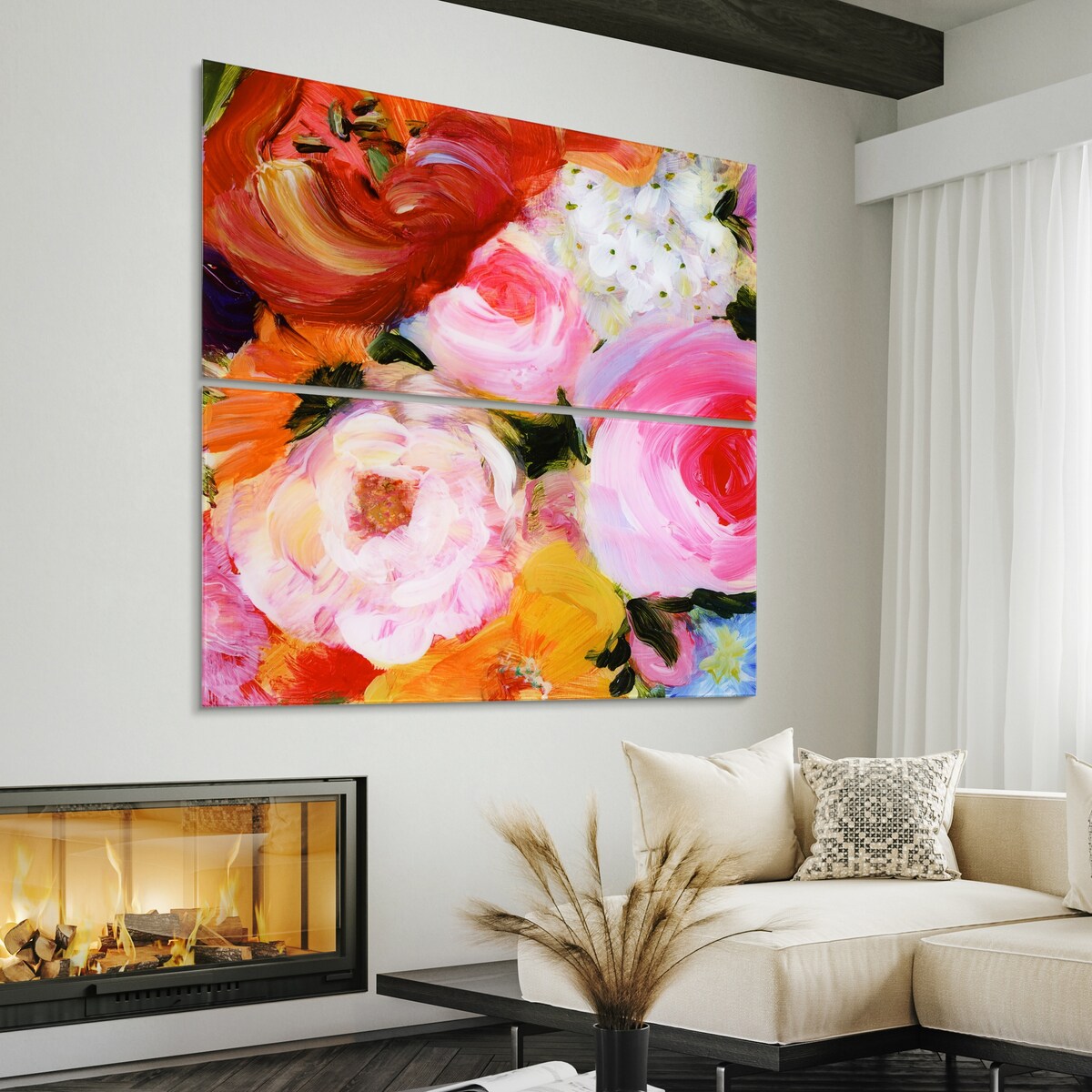 Blossoms in Rouge & Blush Oversized 72x36 Frameless Floating Reverse Printed Tempered Glass Art Panels Set - Perfect for Living Room, Bedroom & Office Wall Decor