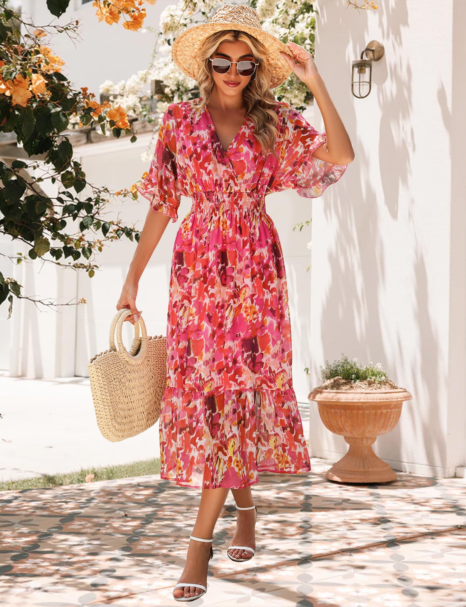 Women's Floral Midi Dress - A-Line Chiffon Boho Casual Short Sleeve Beach Dress for Spring Summer 2025 | Perfect for Vacations, Date Nights & Outdoor Parties