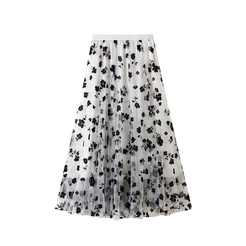 SPNEC Women's Floral Tulle Midi Skirt - High Waist Elastic A-Line Layered Mesh Skirt with Flower Print for Spring | Perfect for Weddings, Parties & Casual Outfits