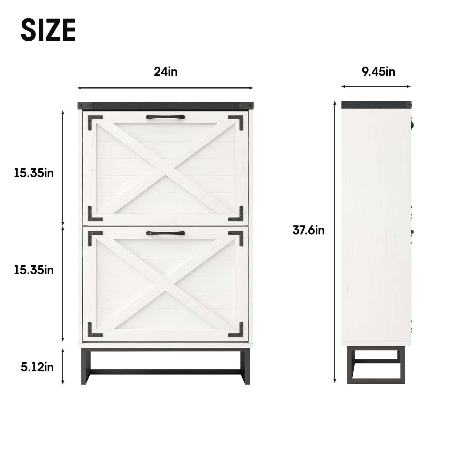 Maupvit 24 Inch Wide White Farmhouse Style Shoe Storage Cabinet - Freestanding Entryway Organizer with 2 Flip-Up Drawers, Narrow Shoe Rack with Decorative Metal Corners - Perfect for Small Spaces, Hallways and Closet Organization