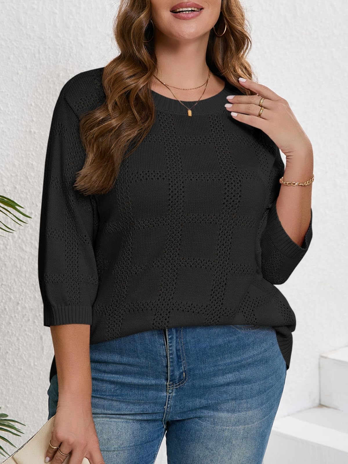 Beautife Women's Plus Size 3/4 Sleeve Crochet Knit Tunic Top - Lightweight Casual Sweater for Work, Date Night & Spring Outfits