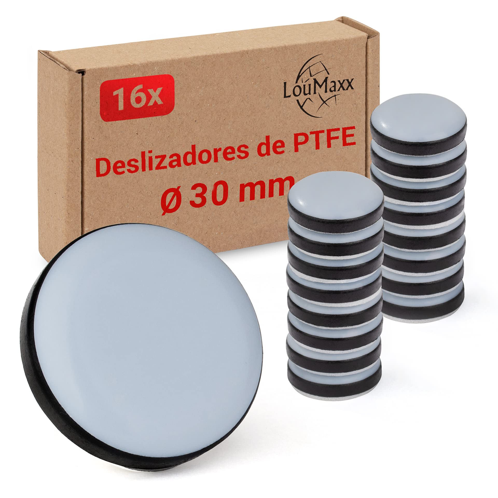 LouMaxx Self-Adhesive Teflon Furniture Sliders - 16 Pack, 30mm Diameter PTFE Chair Glides for Smooth Moving on Hard Floors - Ideal for Chairs, Tables, Sofas & Thermomix Appliances