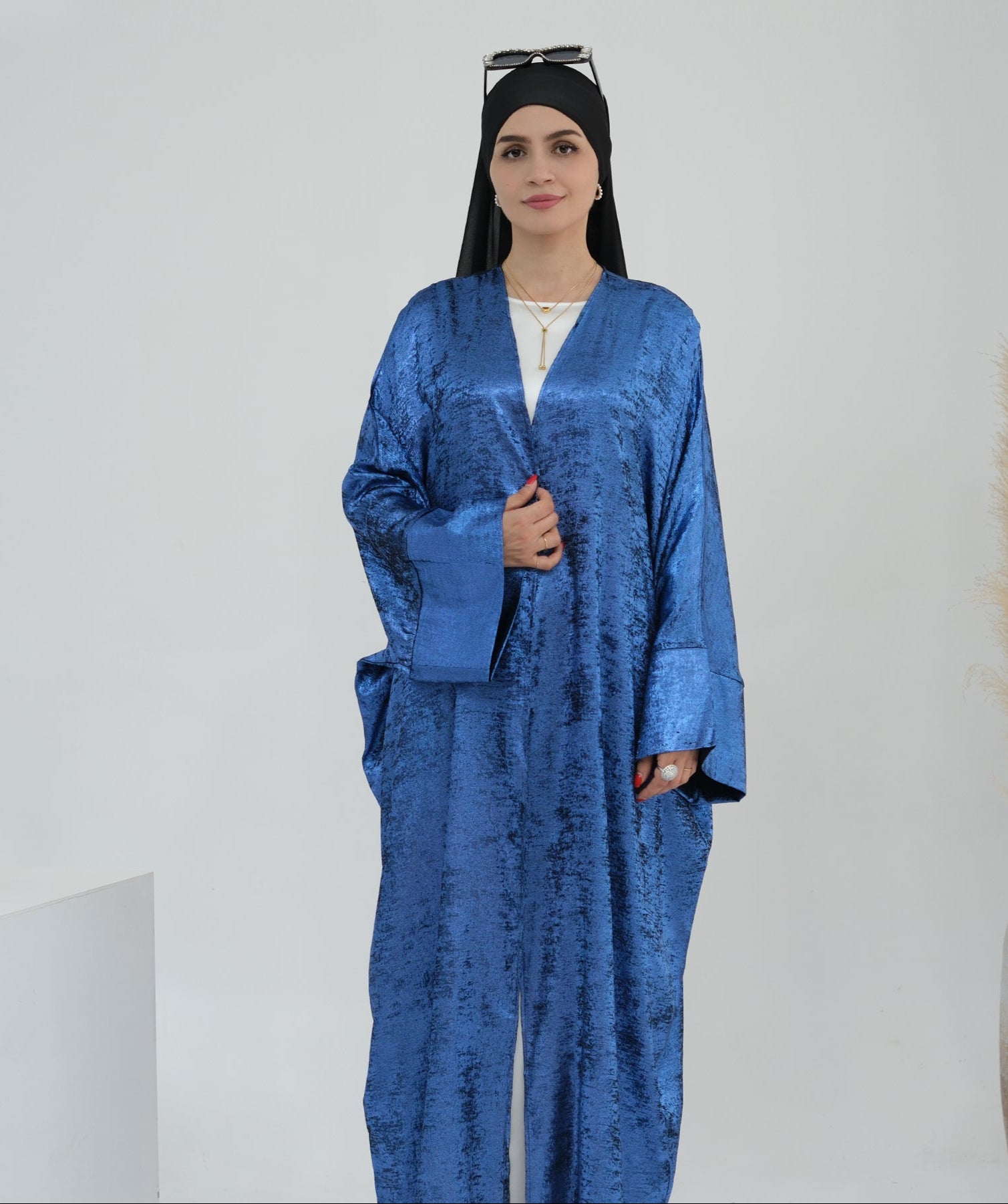 Draya Shimmer Kimono Open Abaya - Elegant Blue Muslim Abaya Dress for Women | Perfect for Prayer, Eid, Wedding & Special Occasions