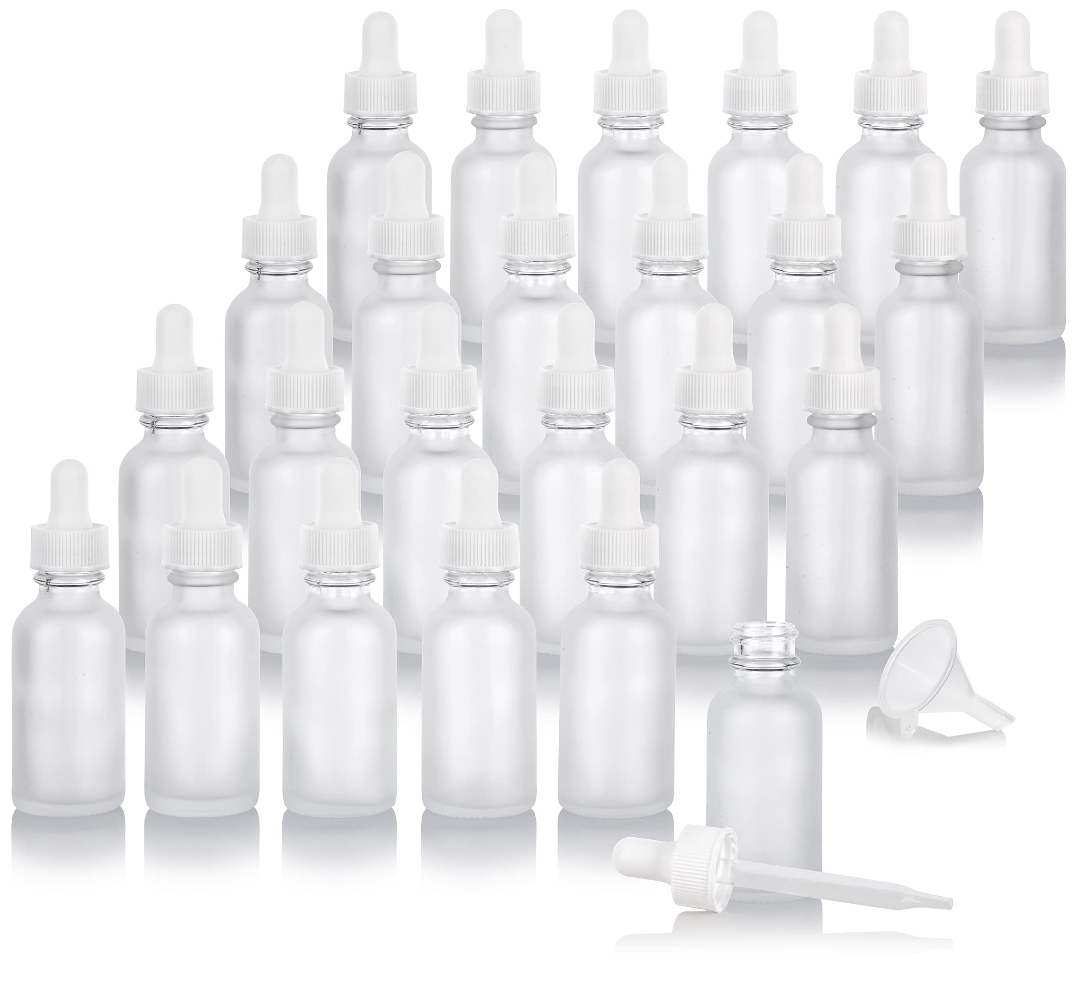 JUVITUS 2 oz Frosted Clear Glass Boston Round White Dropper Bottles (24 Pack) with Funnel - Essential Oil, CBD, DIY Skincare & Travel-Sized Storage Solution